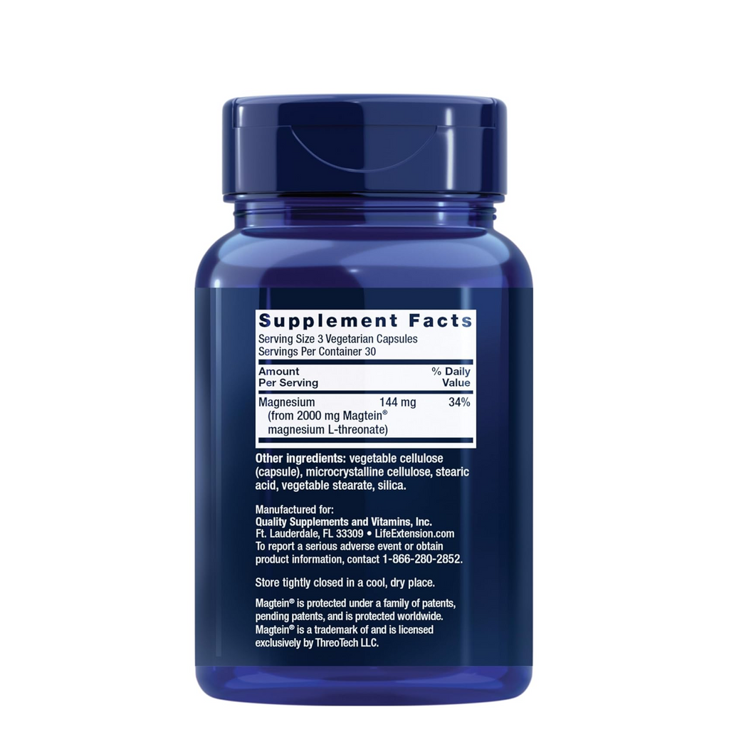 Life Extension Neuro-Mag Magnesium L-Threonate, Memory Health, Quick Thinking, Cognitive Health Support, Vegetarian, Non-GMO, 90 Vegetarian Capsules (144 mg from 2000 mg Magtein magnesium L-threonate