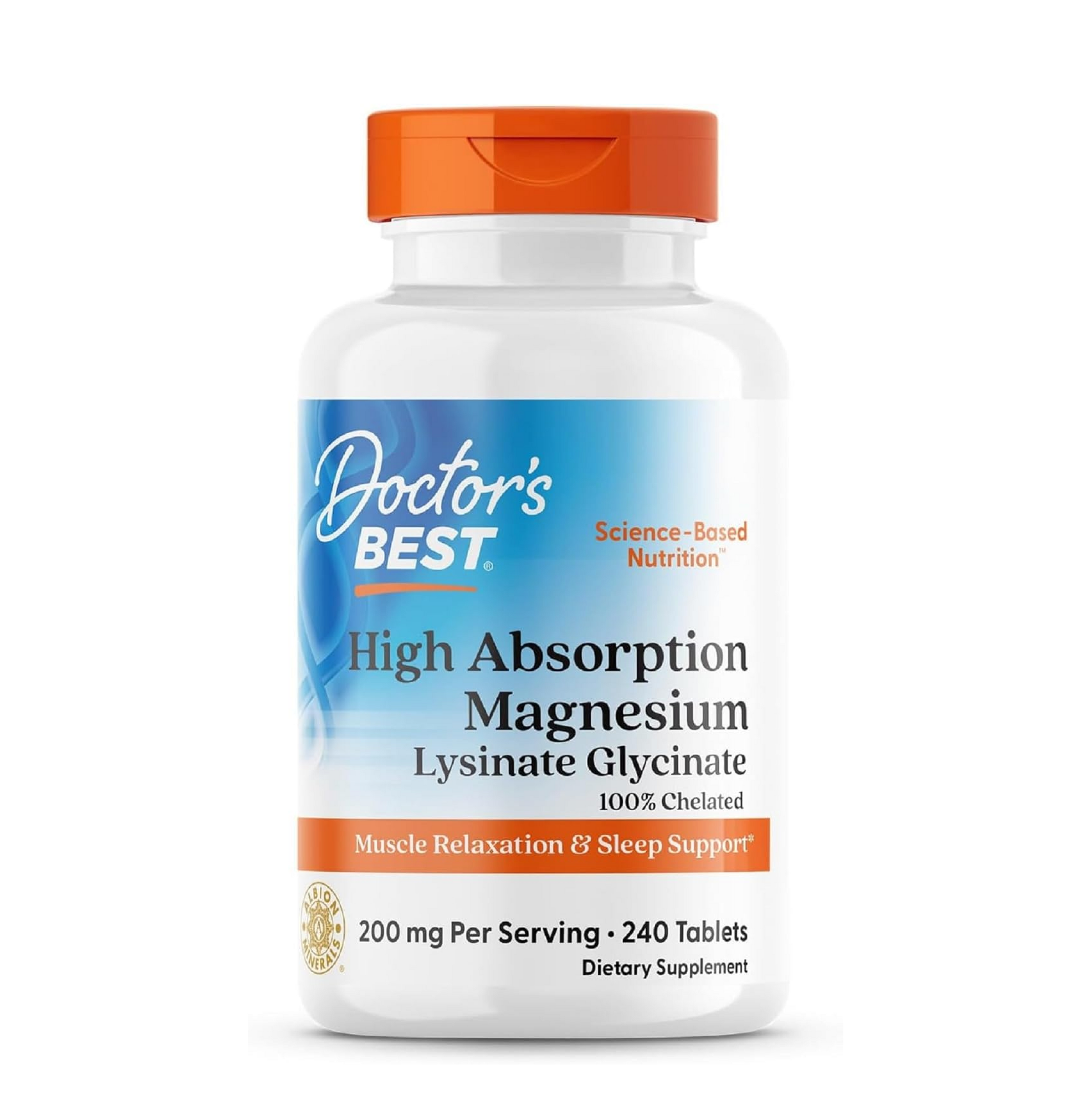 Doctor's Best High Absorption Magnesium Glycinate Lysinate Supplement for Sleep Support - Chelated Magnesium Tablets for Women & Men, 200mg per Serving, Supports Calm & Relaxation, Vegan - 120 Count