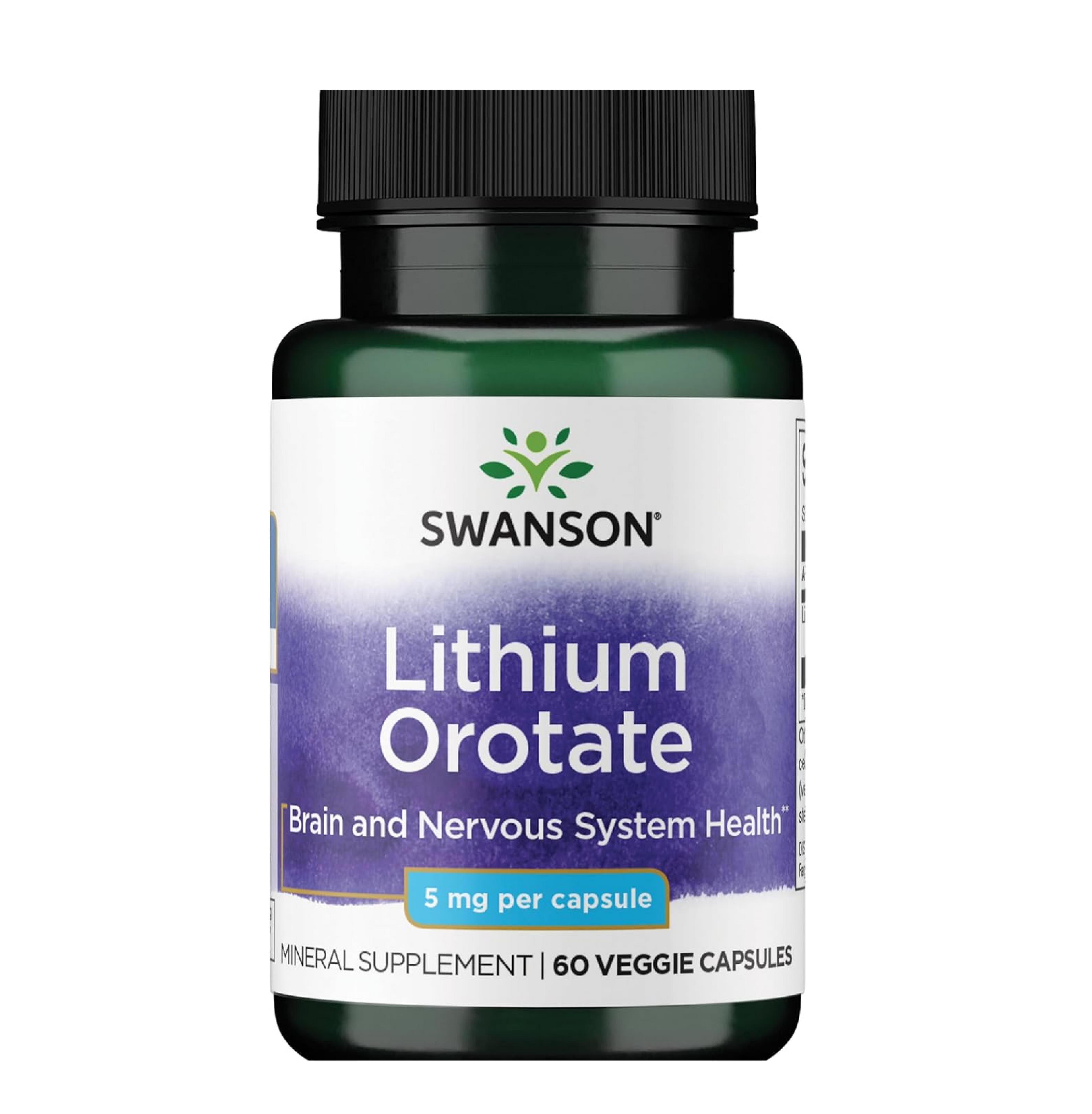 Swanson Lithium Orotate Mood and Memory Support Supplement for Stress-Prone Adults Seeking Emotional Wellness - 5 mg Elemental Lithium (60 Veggie Capsules)