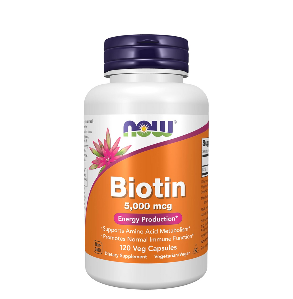 NOW Foods Supplements, Biotin 5,000 mcg, Amino Acid Metabolism*, Energy Production*, 120 Veg Capsules