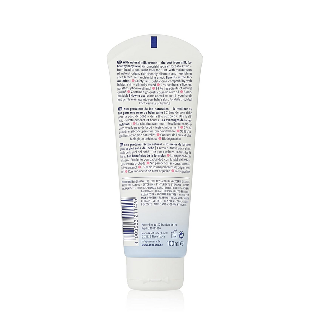 Sanosan Baby Care Cream with Milk Protein â€“ Daily Moisturizing Cream for Face & Body, Gentle Formula for Newborns & Delicate Skin â€“ 100g