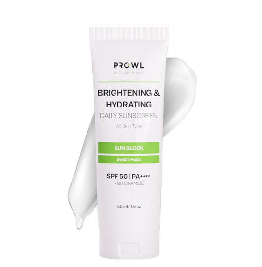PROWL by Tiger Shroff Brightening and Hydrating Sunscreen SPF 50 PA++++ with Niacinamide for Oily, Dry, Acne Prone Skin for Men Protection | No White Cast Face Sun Screen | Non-Greasy Texture Gel Suncream | Sweet Musk | 50ml