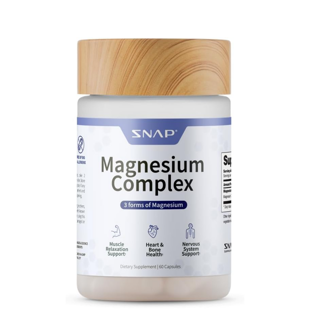 Snap Triple Magnesium Complex for Women & Men for Sleep & Muscle Support â€“ 400mg, 3-in-1 Magnesium Supplement â€“ Bisglycinate, Citrate & Oxide â€“ Chelated for High-Absorption, 60 Vegetarian Capsules
