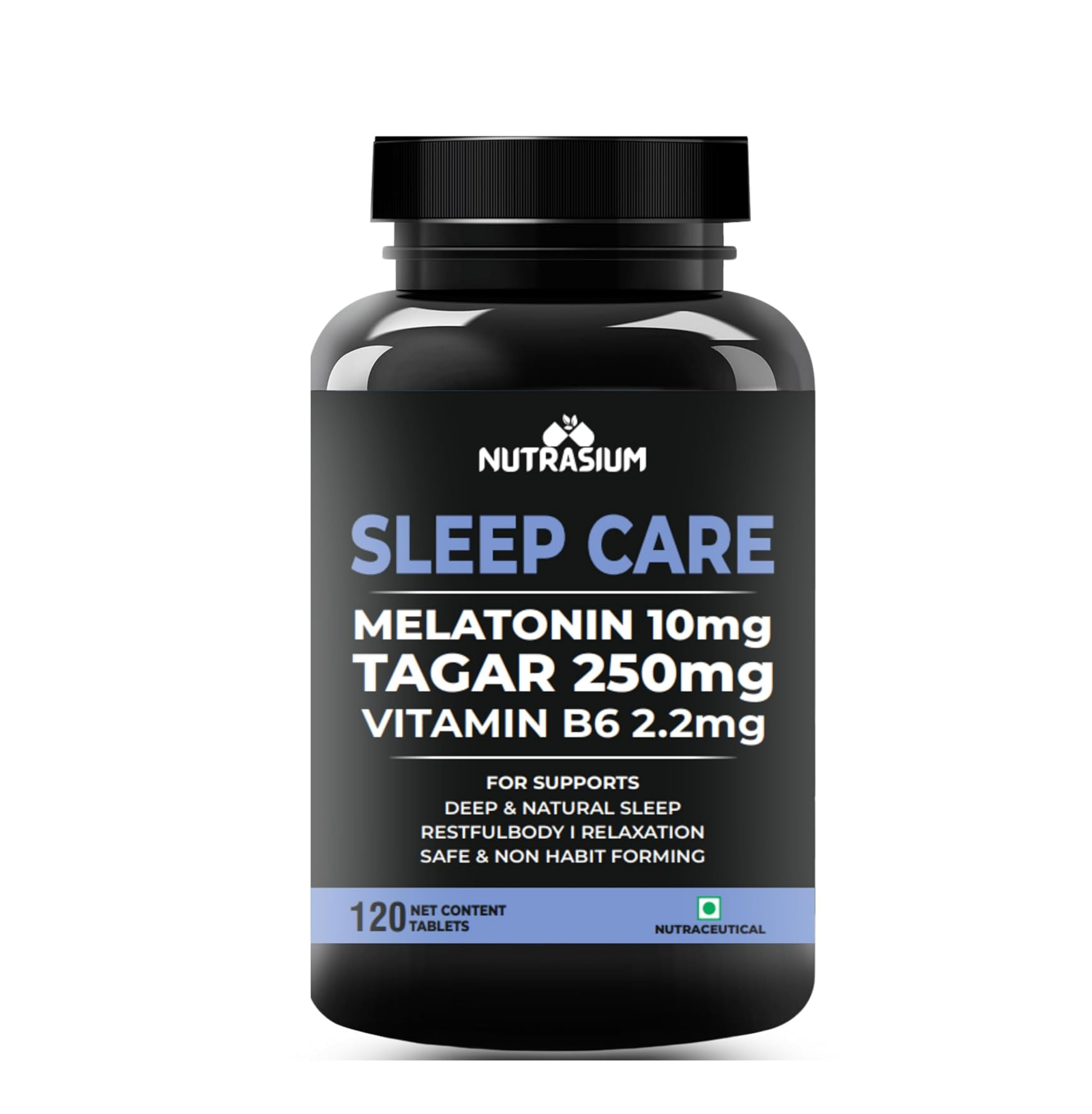 Nutrasium Melatonin 10 mg Sleeping Pill with Tagar 250 mg | Sleep Supplement for Men & Women | Melatonin Tablet for Restful & Deep Natural Sleeps | Sleep Care Tablets 120 (120 Tablets, Sleep Care)