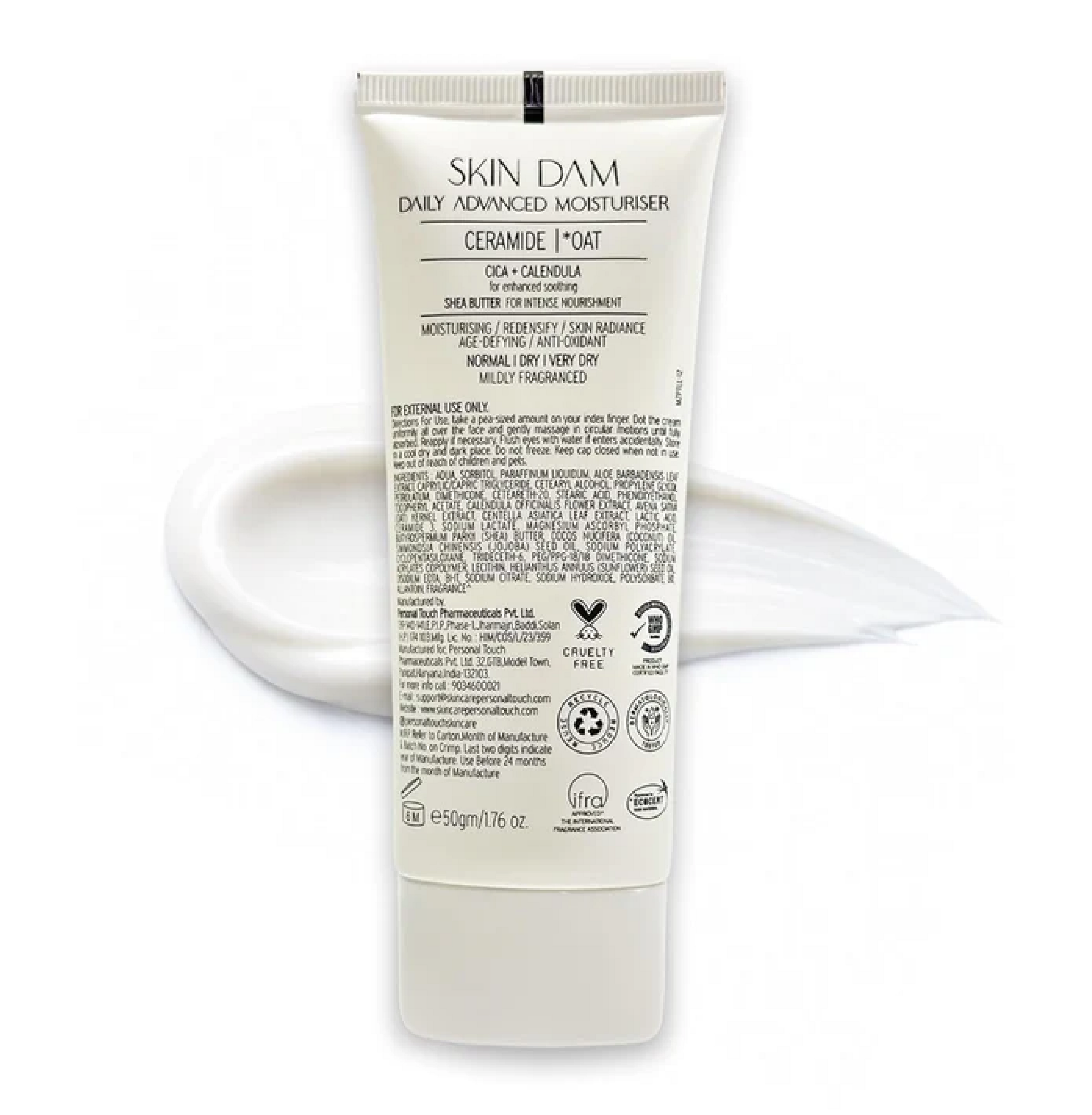 Personal Touch Skin Dam Korean Moisturizer Cream for Dry Skin | Ceramide 3 Barrier Repair Cream with Oat, Centella & Shea Butter | 72H Hydration | 50g