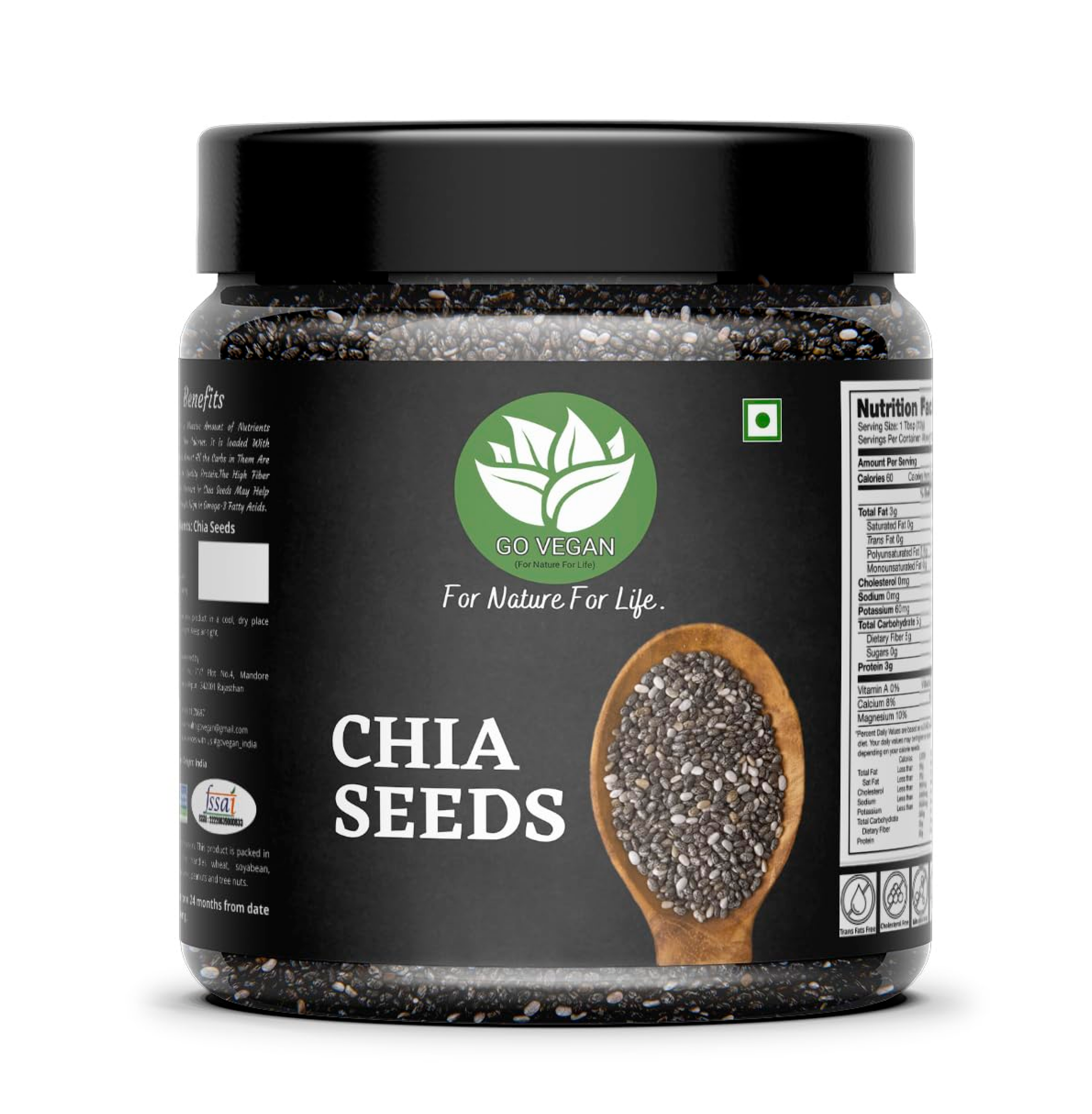 Go Vegan Raw Chia Seeds - 250 Gram Jar Pack | Omega 3 and Fibe Seeds for Weight Management | Rich in Calcium, Protein & Fibre