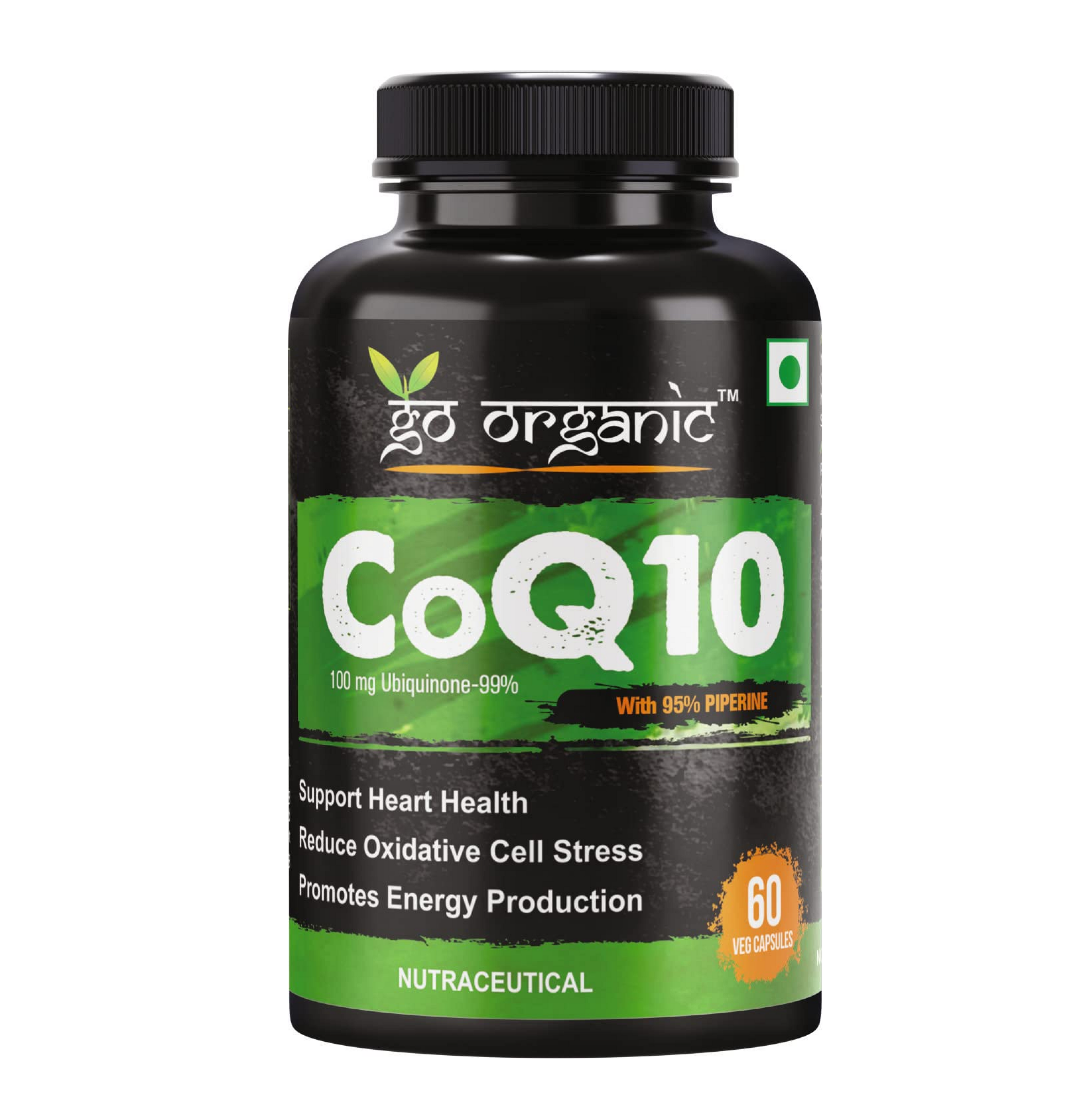 Go Organic Coenzyme Q10 100mg supplement with high absorption to improve BioPerine | 60 Capsule | Supplement for healthy heart and immunity 60 Count