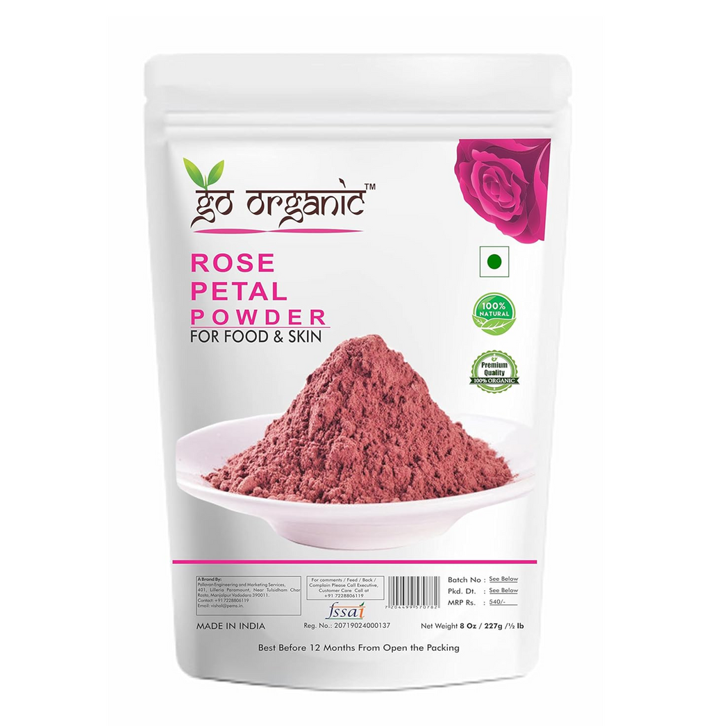 Go Organic Export Quality Rose Petal Powder for Skin and Food 227g - Natural Skin Toner with Vitamin C and for Antioxidant Protection
