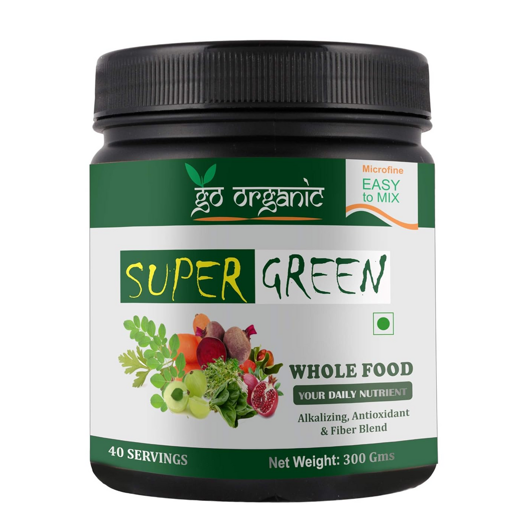 Go Organic Super Green powder Supergreens Raw Plant-Based Nutrition, Organic Spirulina, Chlorella, Acerola & Other Alkalizing And Antioxidant Fruits & Vegetables, Lemongrass & Stevia 300Gm