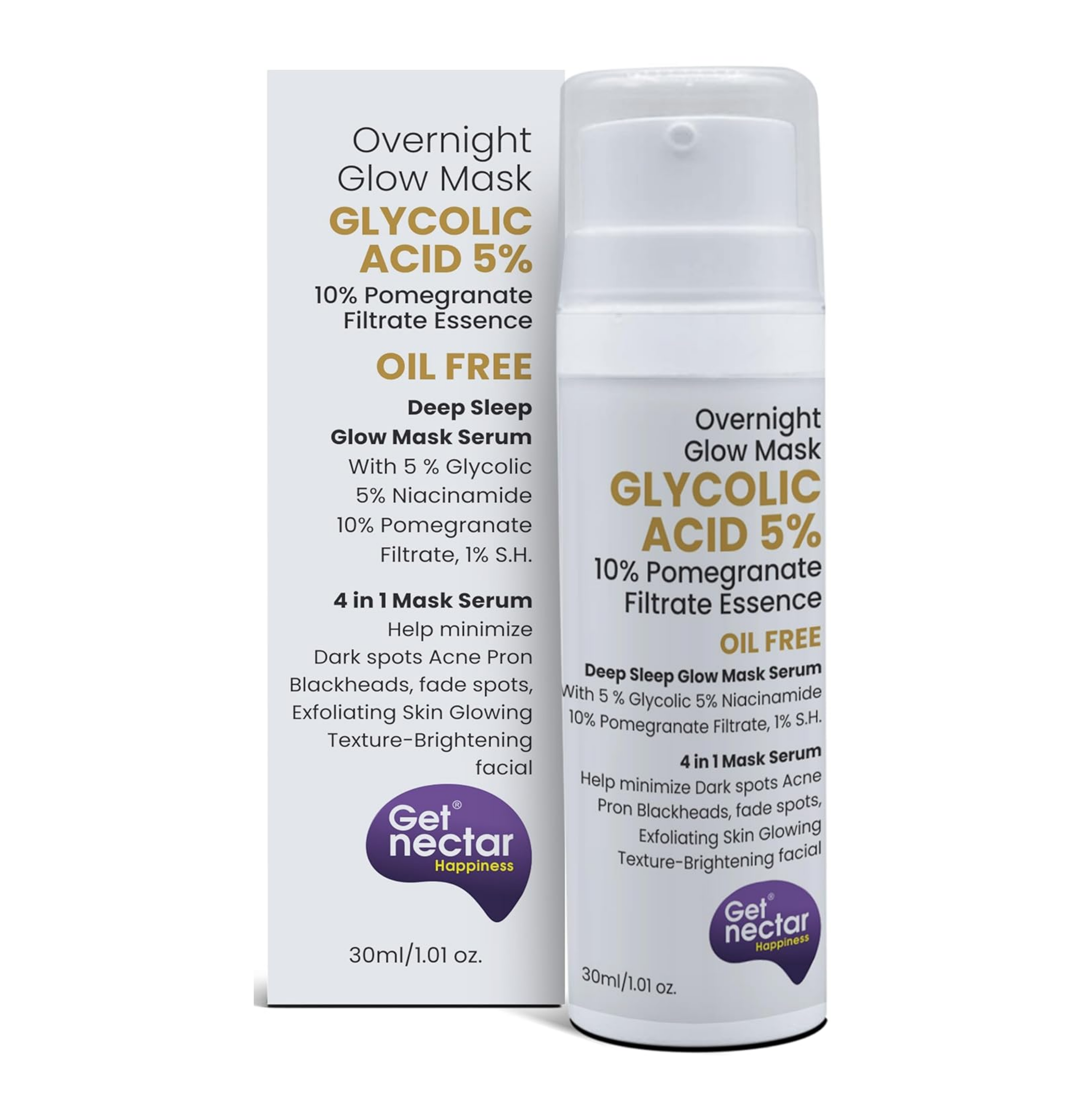 Get Nectar Happiness Overnight Glow Glycolic Acid Mask 5% w/w with 10% Pomegranate Essence for Anti-Acne and Blemishes | Help Minimize Dark Spots, Blackheads, Exfoliating, Skin Glowing Texture (30ml)