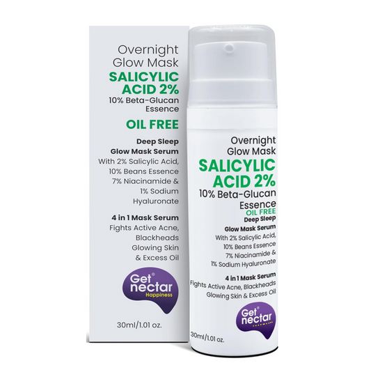 Get Nectar Happiness Overnight Glow Mask 2% Salicylic Acid (Oil Free) with 10% Beta-Glucan Essence for Fights Active Acne, Blackheads, Excess Oil, Skin Glowing, brightening facial Exfoliating, (30ml)