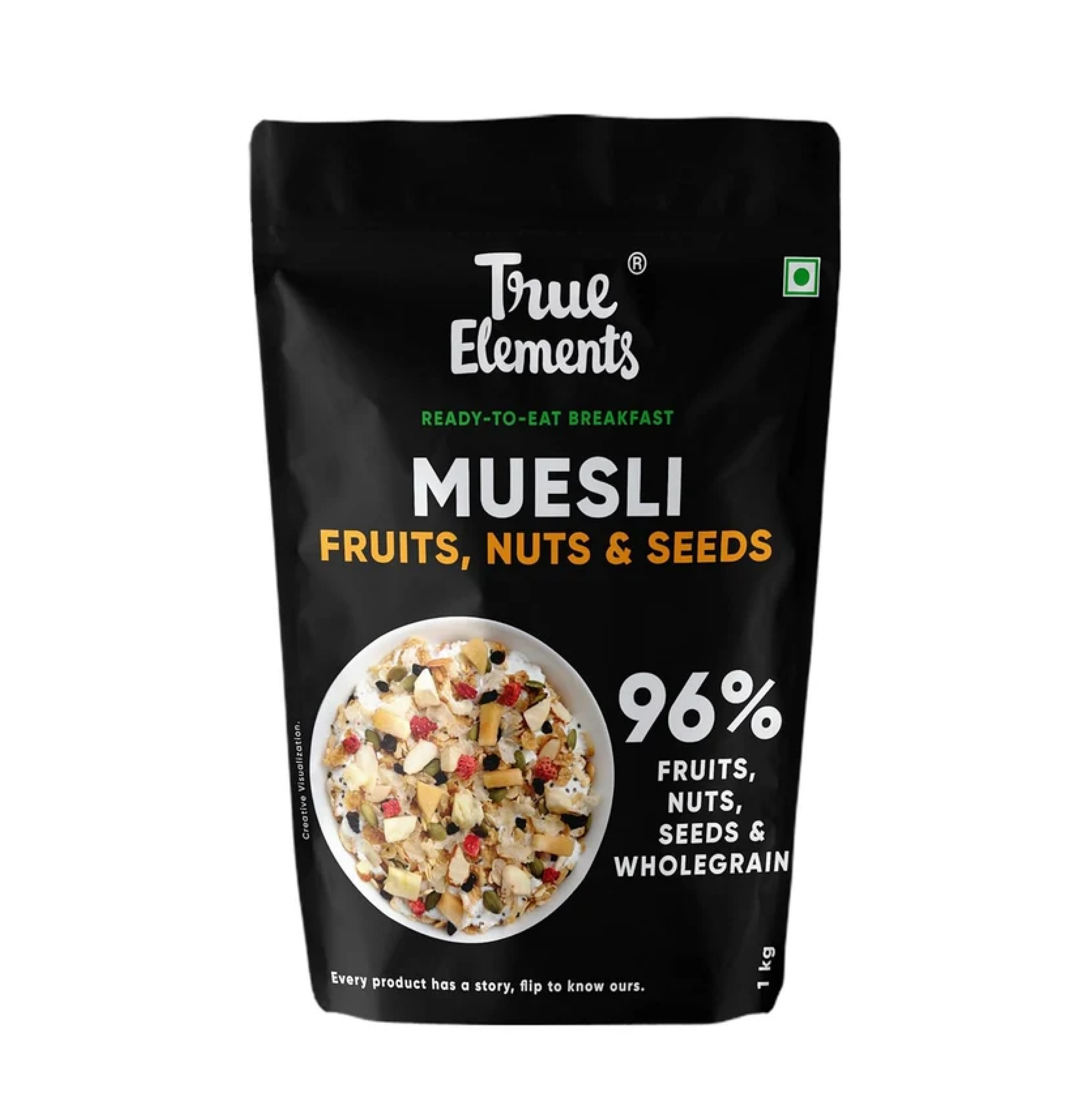 True Elements Muesli Fruit and Nuts 1kg - With Real Fruits & Almonds | 100% Wholegrain Muesli with Oats, Almonds | Real Freeze-dried fruits, Not Candied | Breakfast Cereal | High Fibre & Nutrient-Rich blend