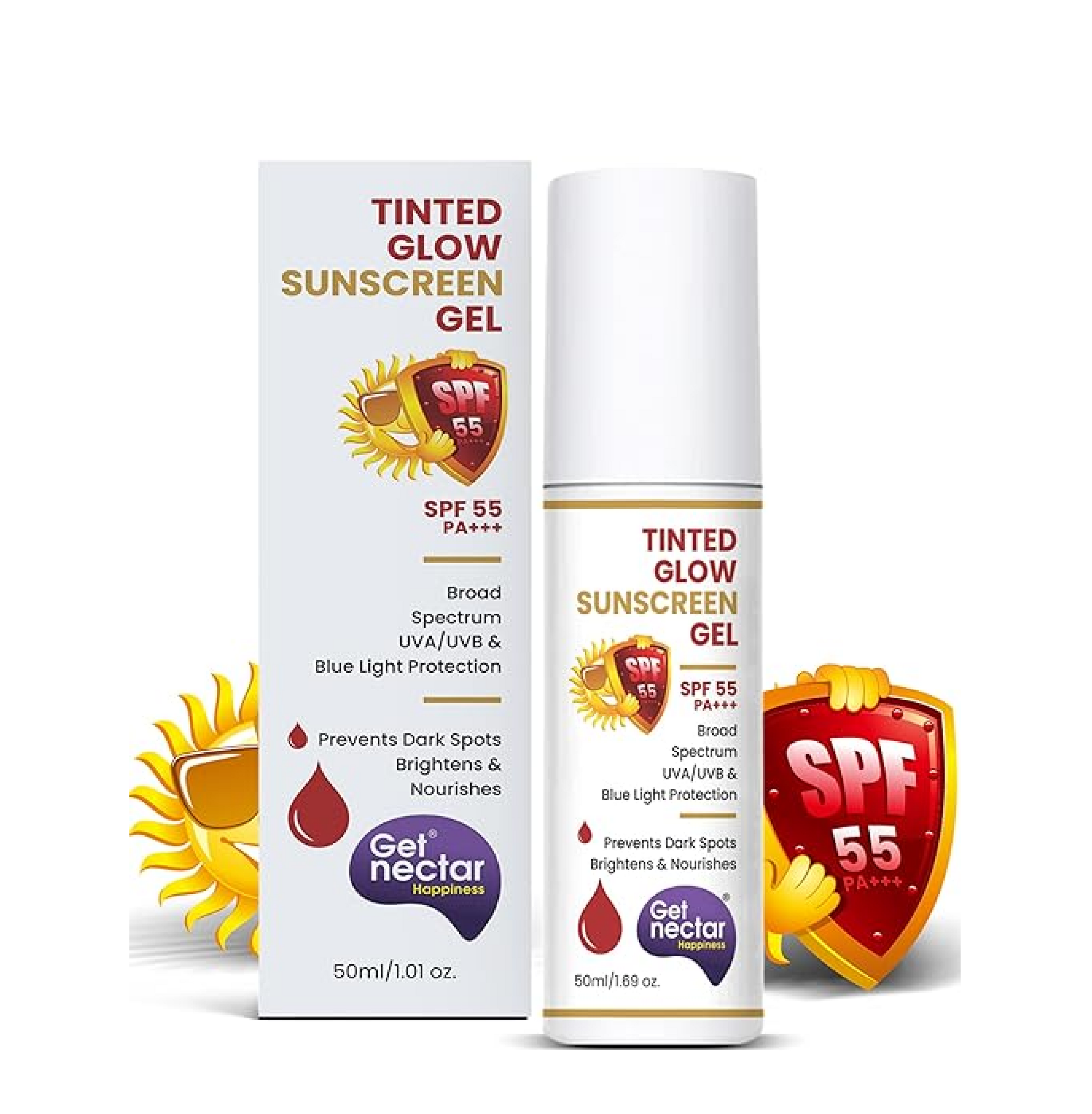 Get Nectar Happiness Tinted Sunscreen SPF 55 PA+++ | Broad Spectrum UVA & UVB Protection | Non-Comedogenic | Suitable for All Skin Types 50ml