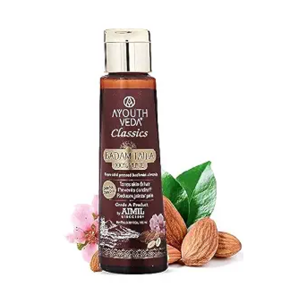 Ayouthveda Badam Taila | Pure & Natural Cold Pressed Kashmir Almond Oil | Massage Oil for Skin & Hair | Prevents Dandruff & Nourishes Hair & Scalp | Safe For Oral Use (Pack of 1, 100 ml)