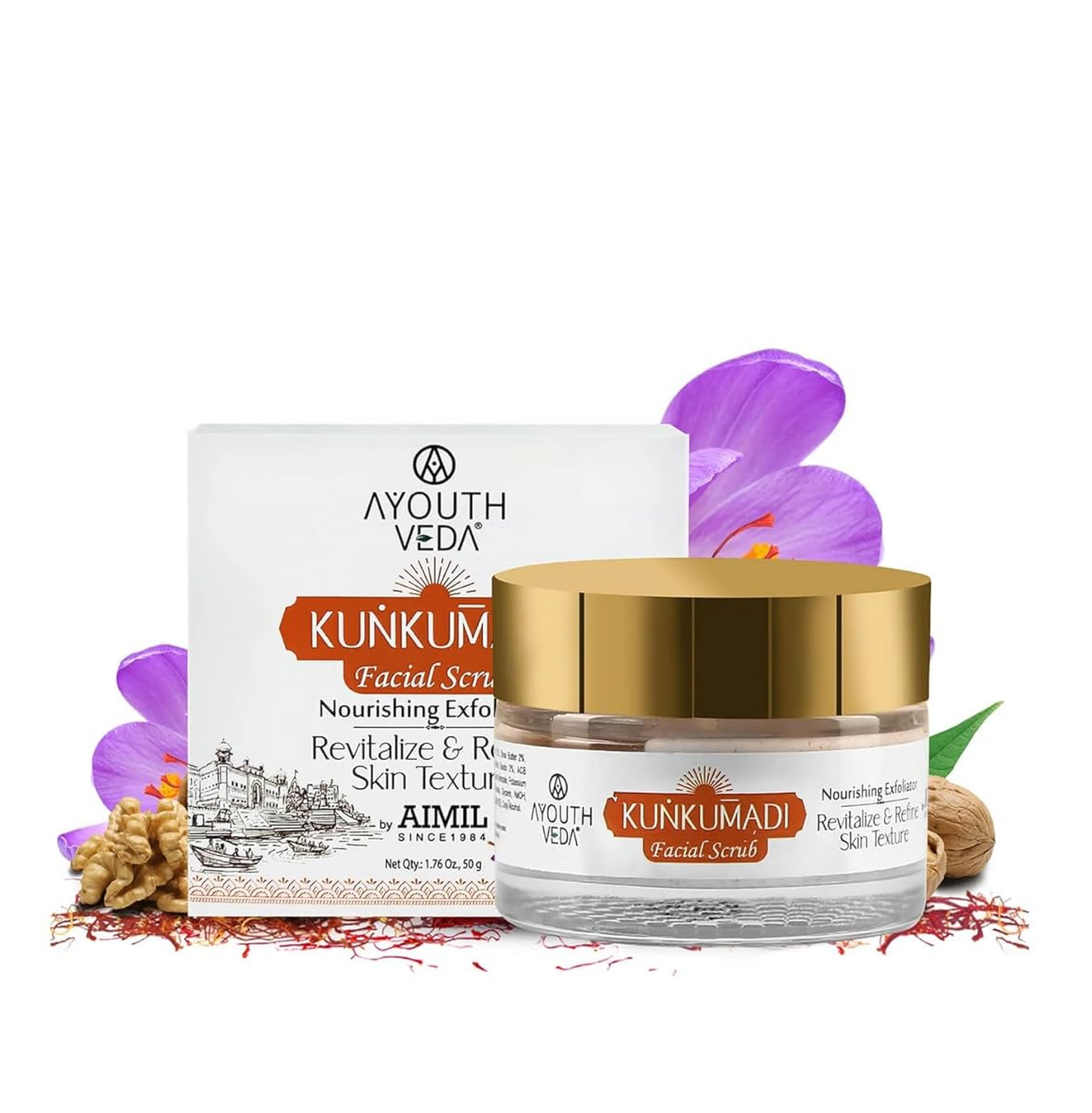 Ayouthveda Kunkumadi Face Scrub | Revitalize & Refine Skin Texture | With Walnut, Finest Kashmiri Saffron & Sunflower Extract | Cleanse Impurities & Promote New Cell Growth (Pack Of 1-50g)