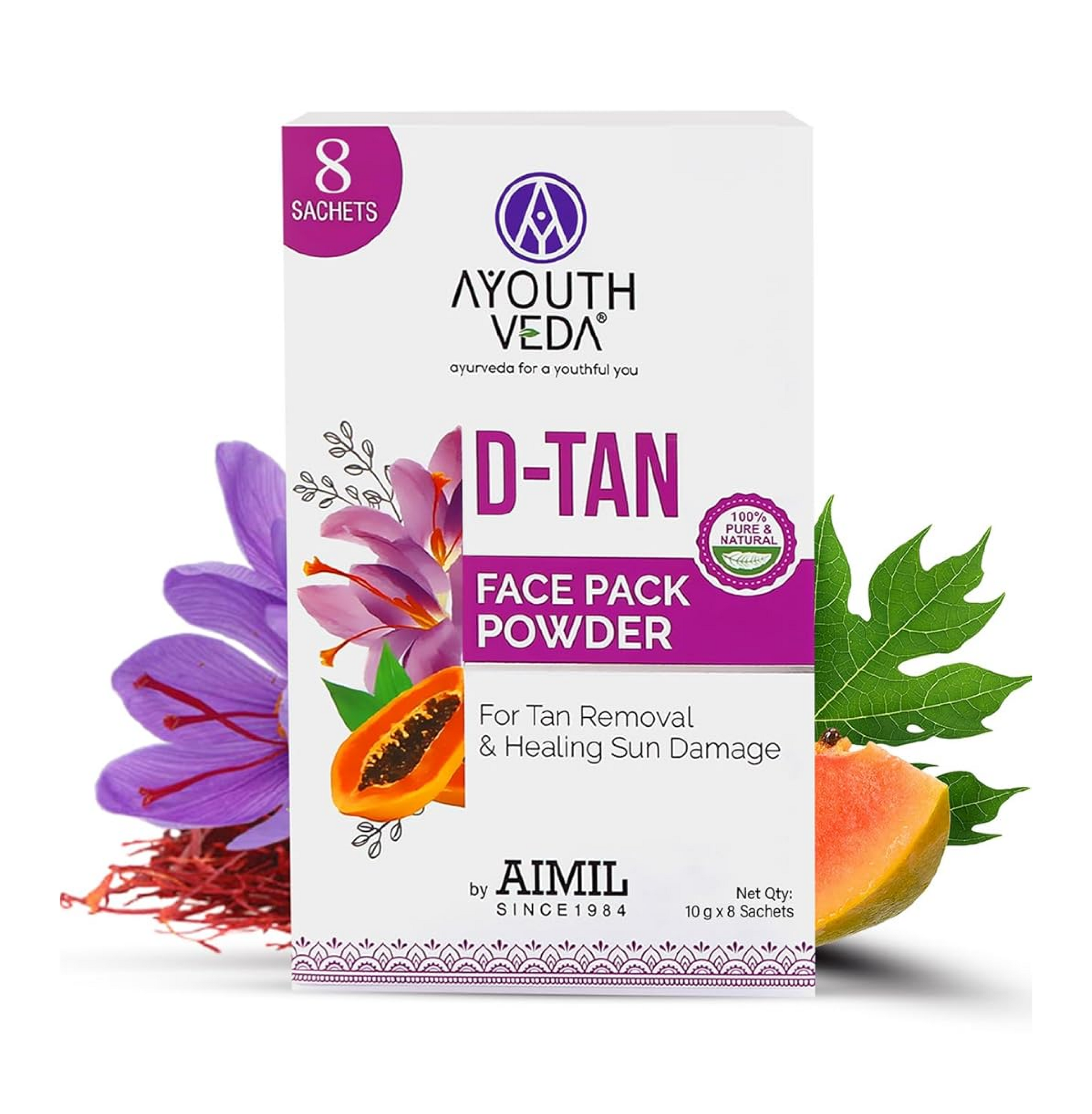 Ayouthveda D-TAN Face Pack Powder for Tan Removal, Prevents Sun Damage & Boosts Skin Health | with Goodness of Papaya, Aloevera & Saffron|For Glowing & Hydrated Skin (10gX8Sachets)(Pack of 1)