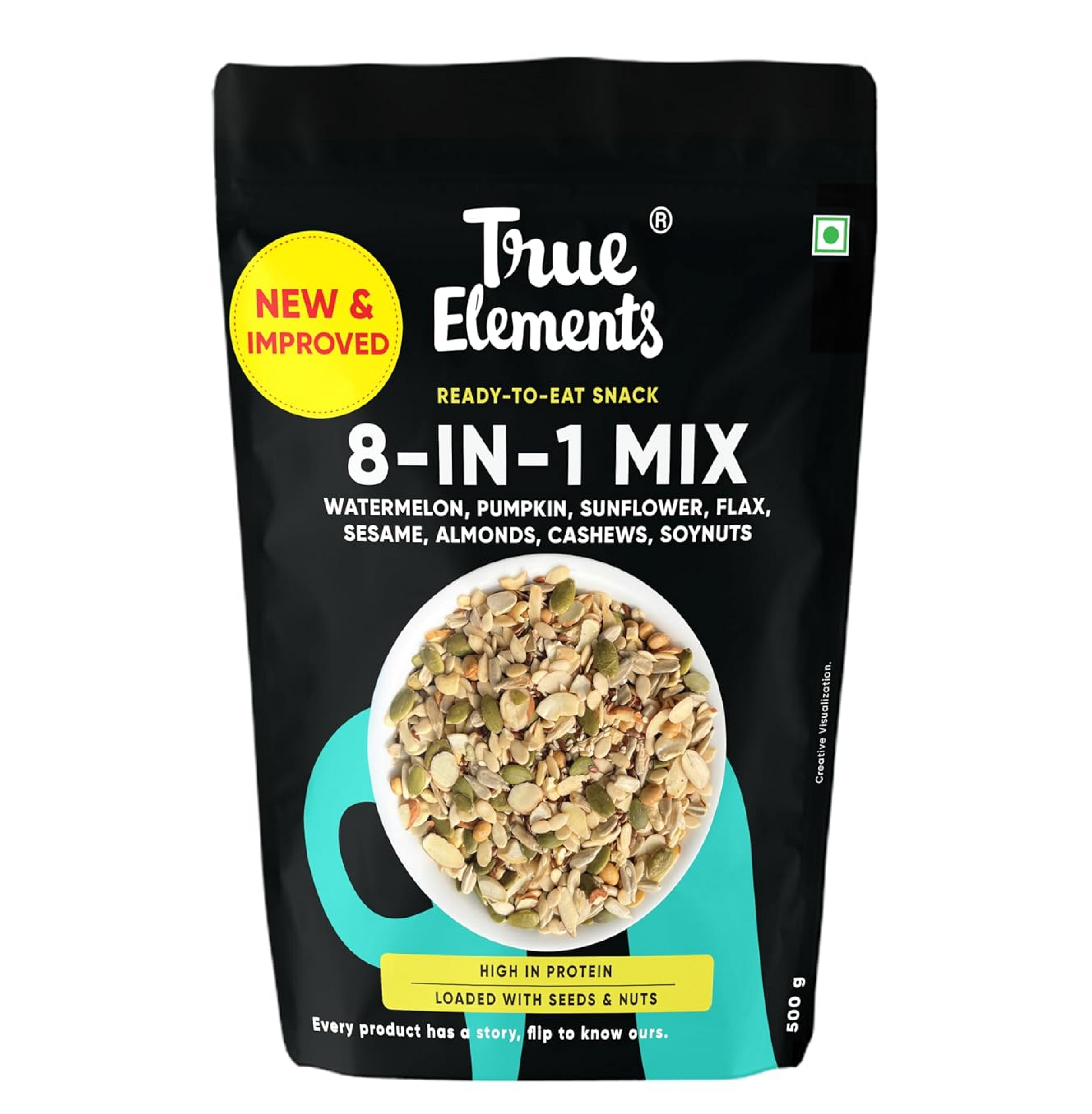 True Elements 8-in-1 Mix Ready-to-Eat Snack, Watermelon, Pumpkin, Sunflower, Flax, Sesame, Almonds, Cashews, Soynuts, High in Protein, 500g