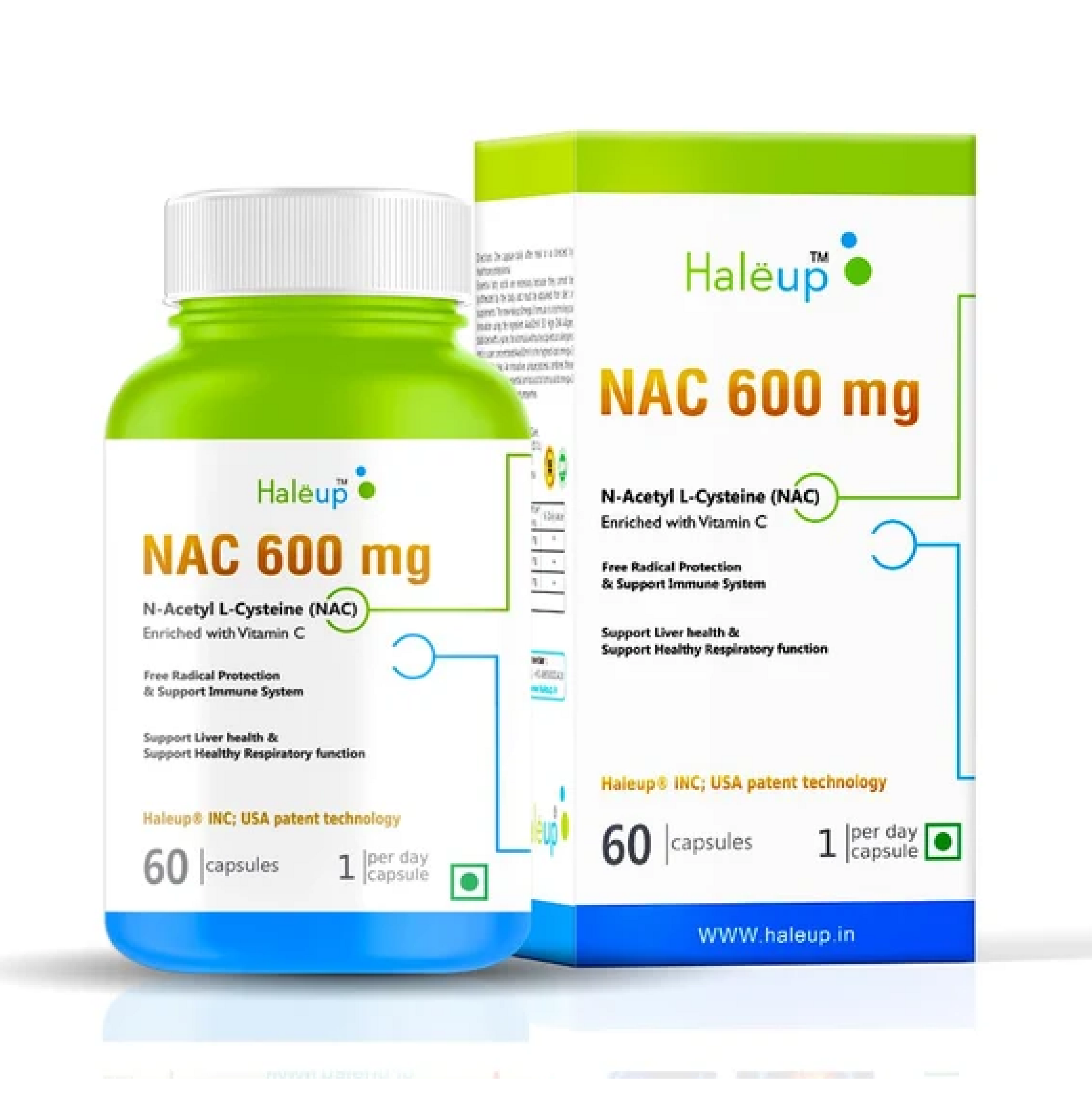 Haleup NAC 99% (N-Acetyl Cysteine) 600 mg, Haleup INC USA, 60 capsules, enriched with Vitamin C for Glutathione Production, Respiratory Health, Liver Detox, Antioxidant Support