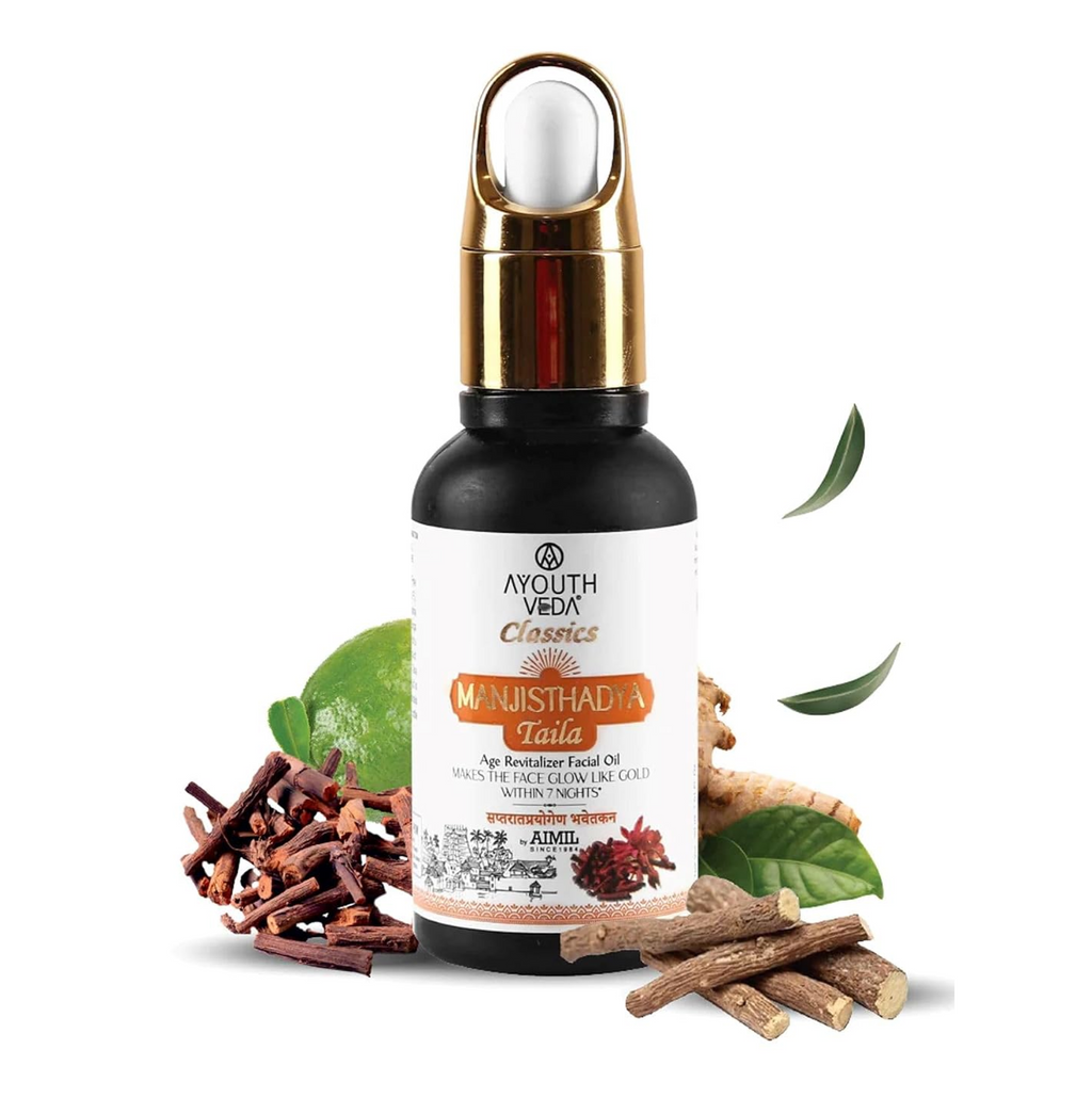 Ayouthveda Manjisthadya Taila | Nourishes Skin Tone With Goat Milk & Matulunga| Helps To Restore Dull Skin | Work As Natural Skin Illuminator | Anti-Aging Facial Oil (Pack Of 1-30ml)