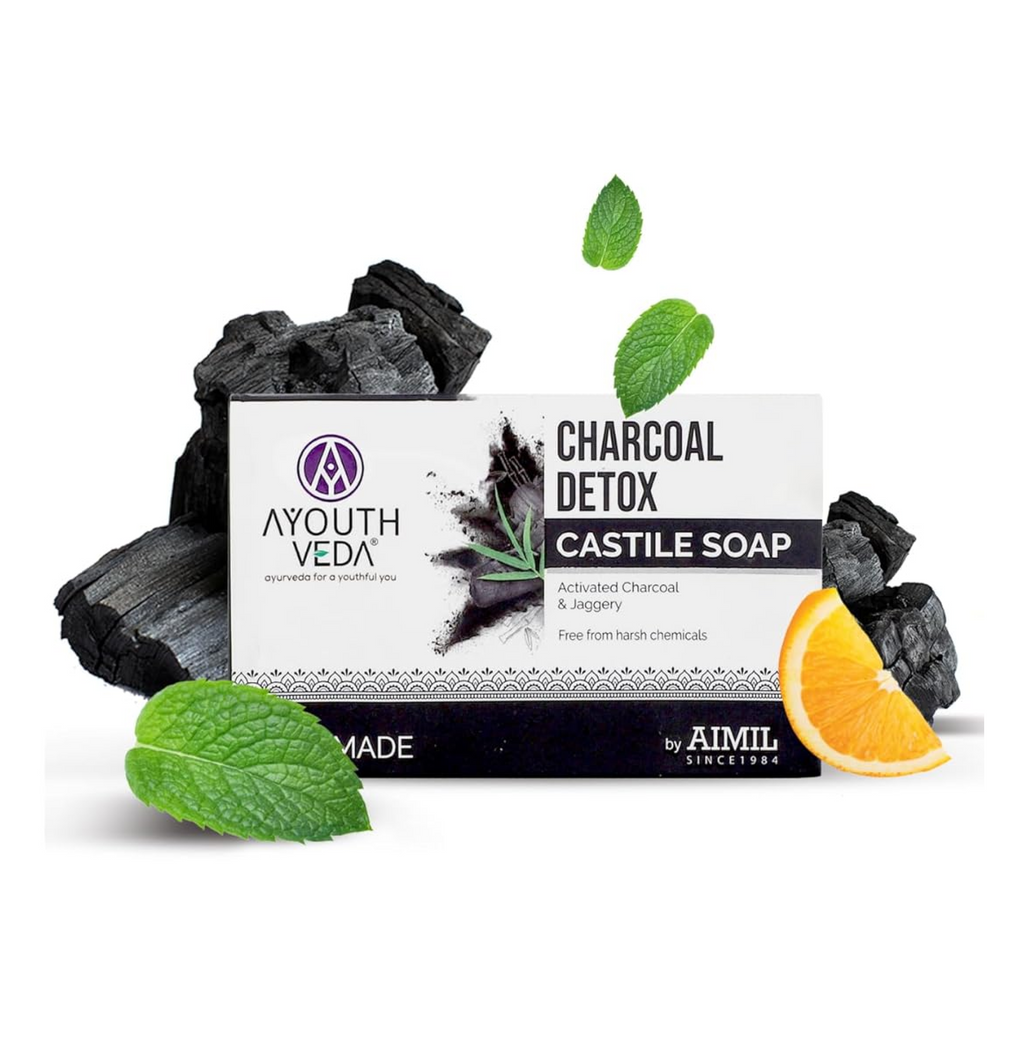 Ayouthveda Charcoal Detox Handmade Castile Soap | Charcoal, Jaggery & Five Nourishing Oils | Skin Brightening & Deep Cleansing Bath Soap for Men & Women | Helps Reduce Tanning | 110g (Pack of 1)