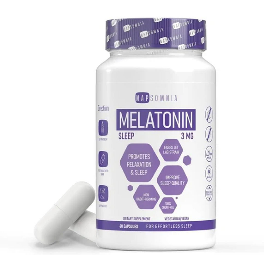 NAPSOMNIA Melatonin for Sleeping for Men & Women - Sleep Melatonin -Valerian Root Extract - Vegetarian 3mg Melatonin 60 Capsules - Sleep Aid for Adults - Deep Sleep Supplements to Ease Jet Lag Strain