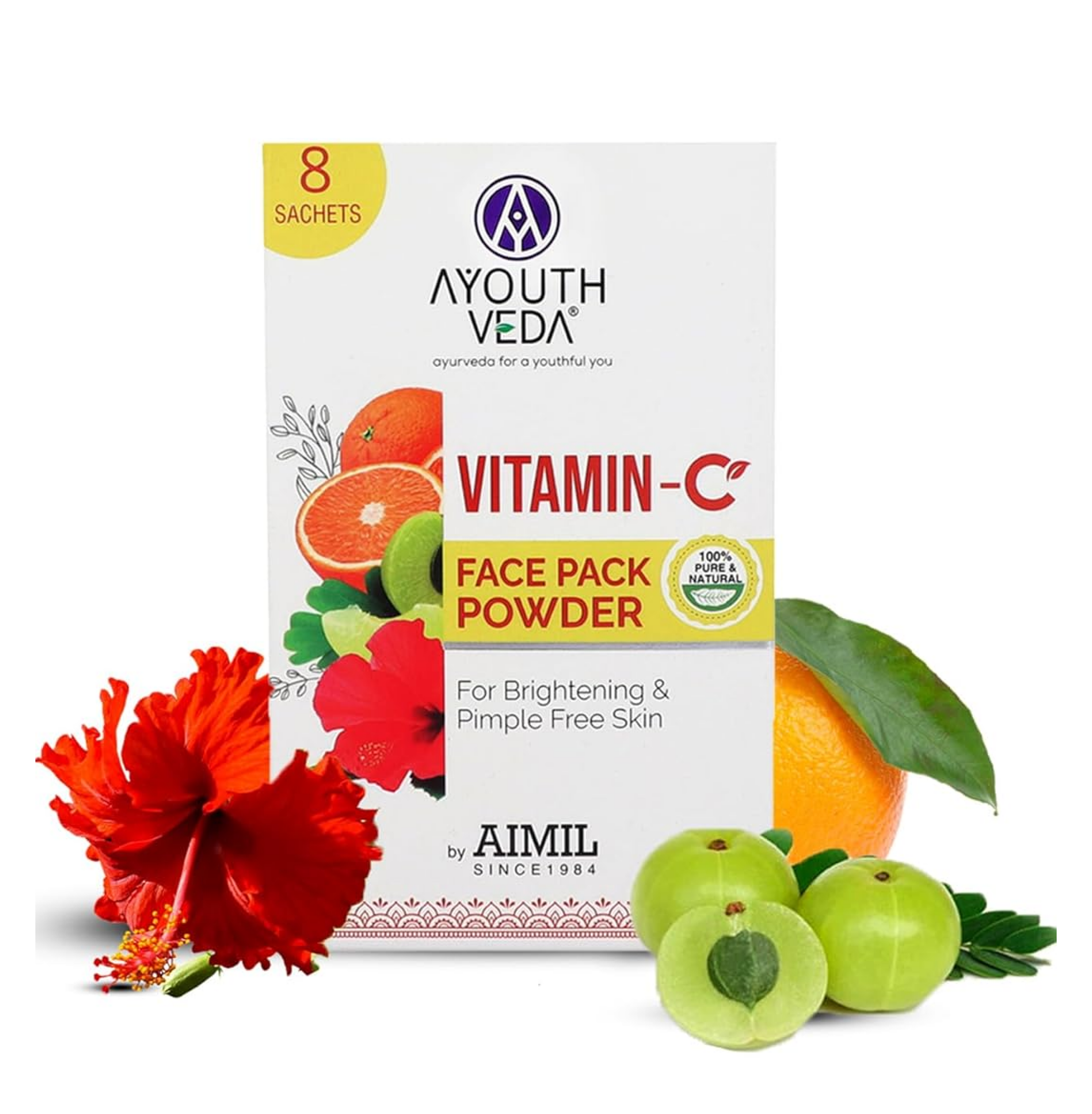 Ayouthveda Vitamin C Face Pack Powder Men & Women | Helps to reduce Pigmentation & Acne & Enhances skin Glow|Enriched with Fruits and Herbs | Makes Skin Soft & Supple (10g X 8 Sachets)(Pack Of 1)