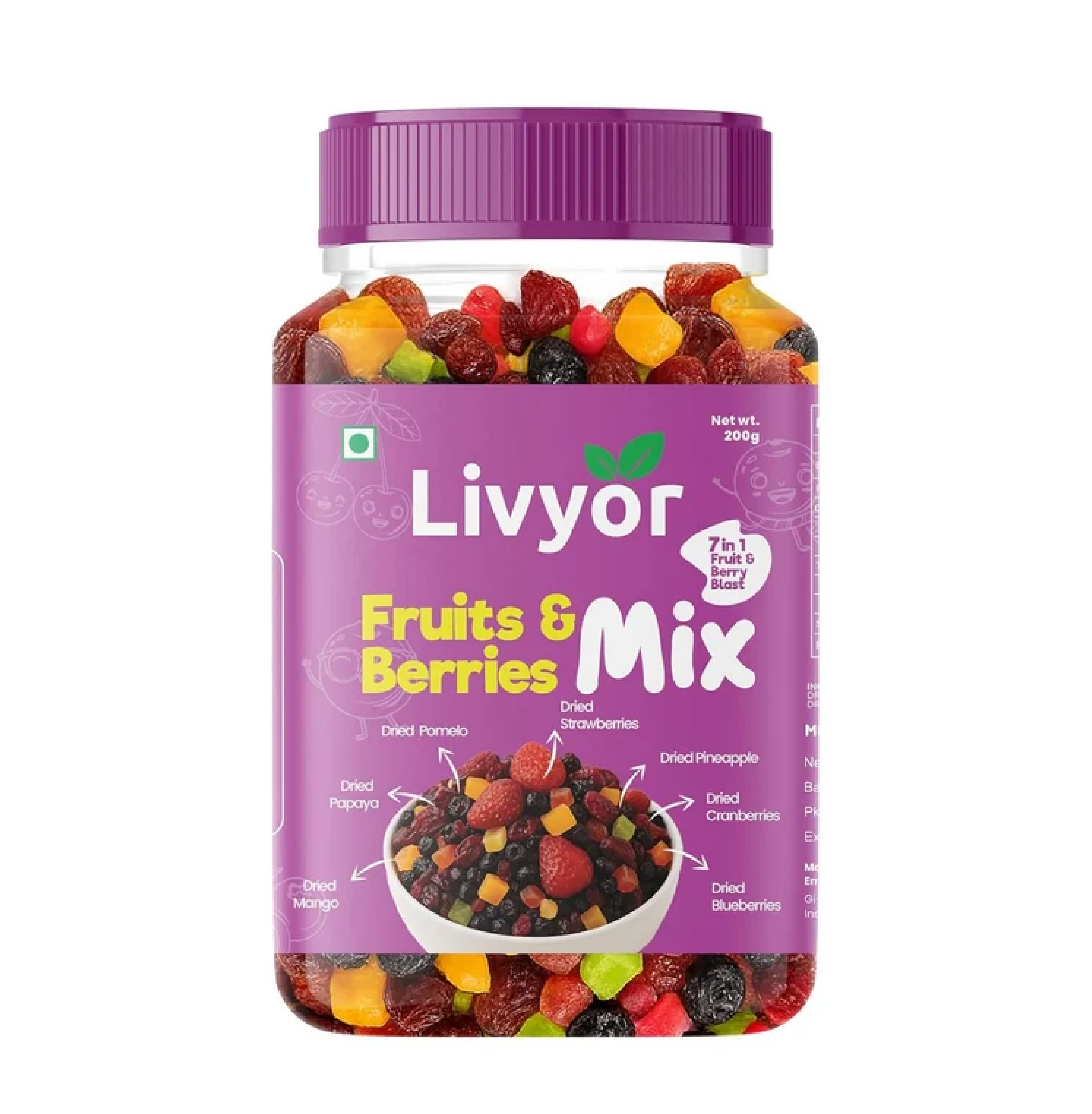 Livyor 7 in 1 Dried Fruits and Berry Mix for eating | Good Source of Fibre | Dried Cranberries | Pineapple | Pamelo | Papaya | Blueberries | Strawberries | Mango | Fruits & Berry Blast | Berries dry fruits | Berries fresh | Pack of 1