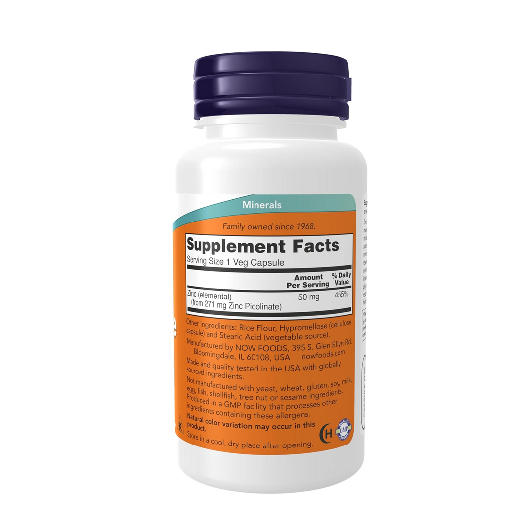 NOW Foods Supplements, Zinc Picolinate 50 mg, Supports Enzyme Functions*, Immune Support*, 120 Veg Capsules (Packaging may vary)
