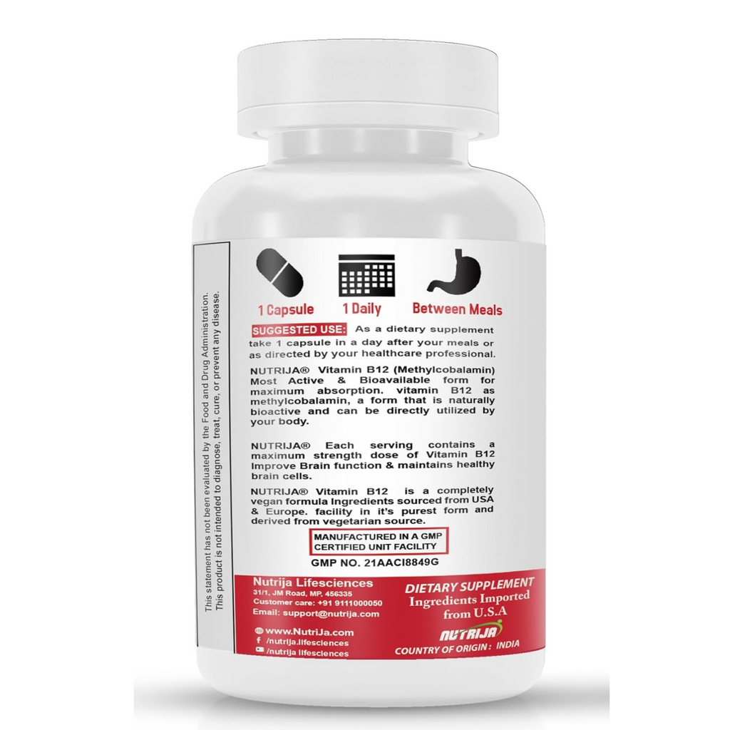 NutriJa Vitamin B12 Active form of Methylcobalamin | Maximum Absorption, Normal Energy Production & Immune system support (120 Capsules)