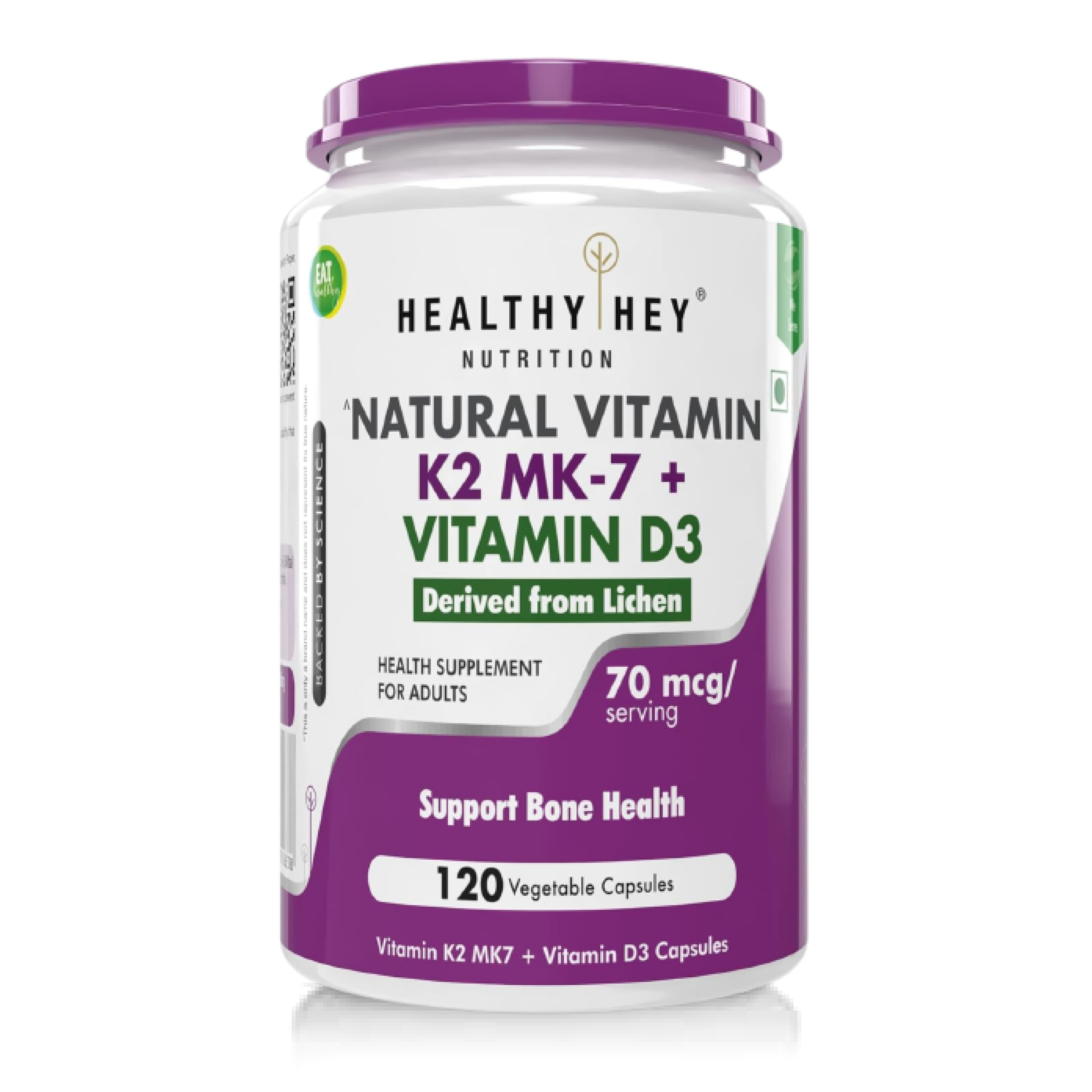 HealthyHey Nutrition Natural Vitamin K2 + Natural D3 - Non-GMO | Non-Synthetic 120 Veg. Capsules