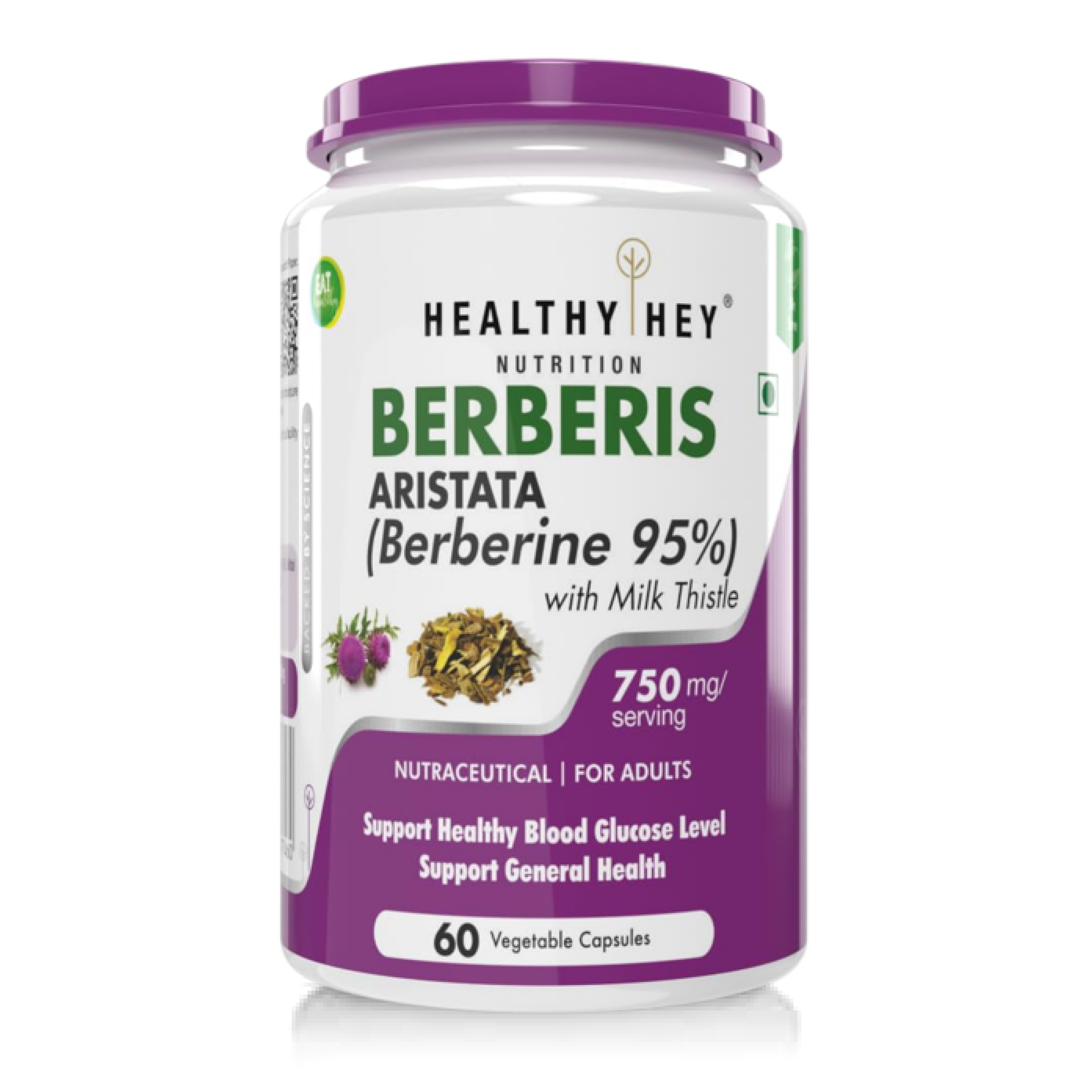 HealthyHey Nutrition Berberis Berberine 95% with Milk Thistle Vegetable Capsules, 60 Count