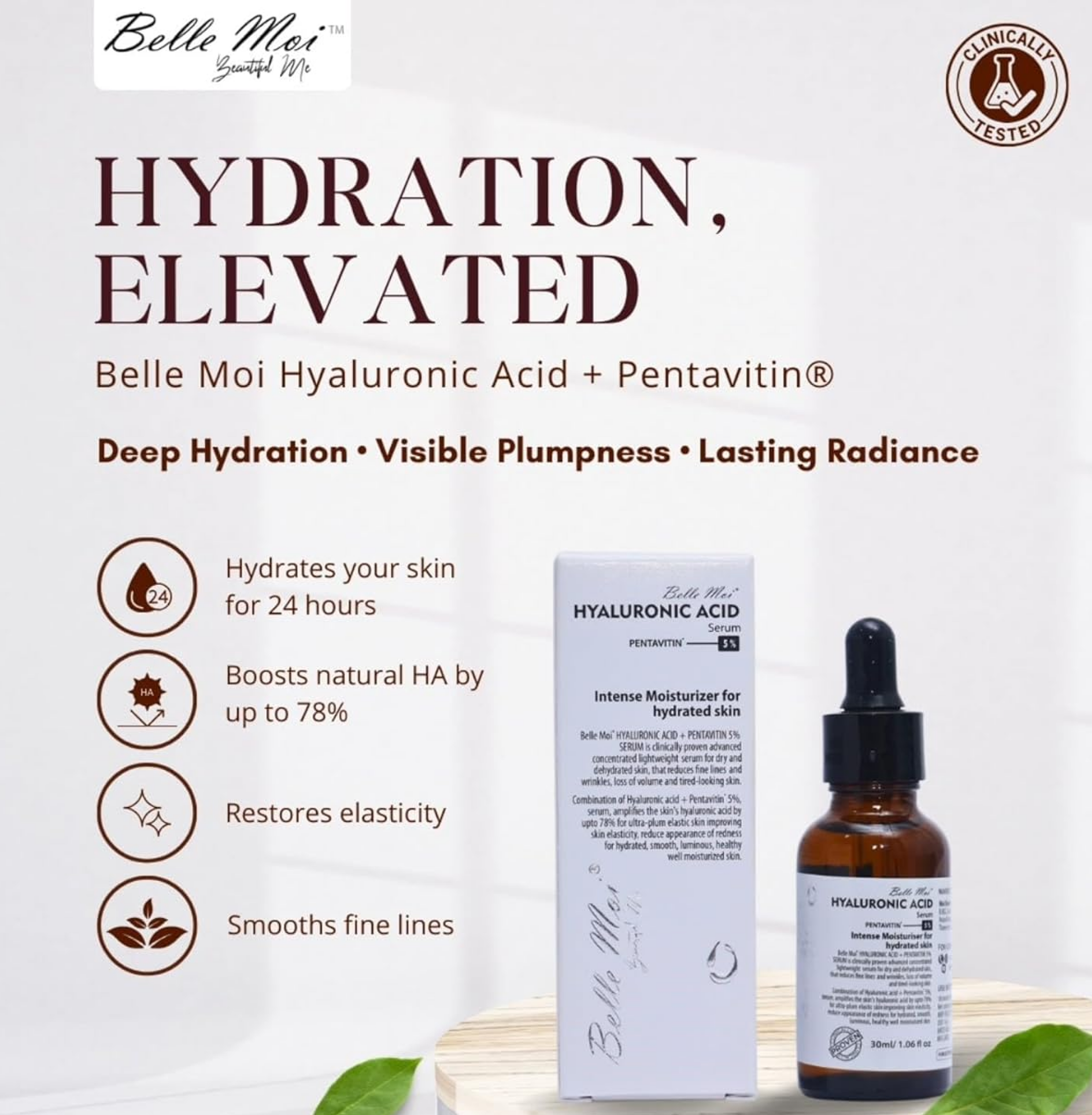 Belle Moi Hyaluronic Acid + Pentavitin Serum | Intense Hydration & Plumping Face Serum | Deep Moisturizing, Fine Lines & Glow Booster | Daily Lightweight Serum for Women & Men â€“ 30 ml