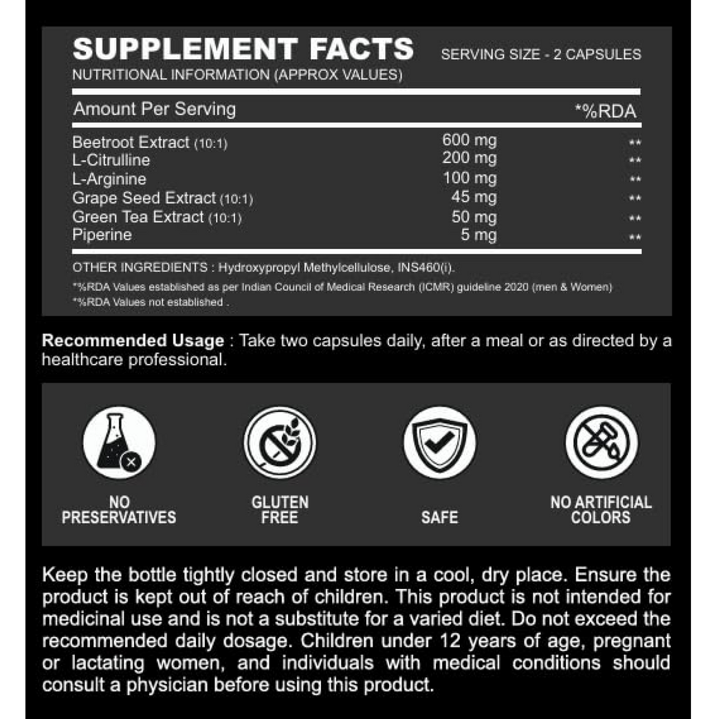 FOREST HARVEST Nitric Oxide Supplement for Blood Flow & Stamina | Beetroot 10X (6000 mg Equivalent) with L-Citrulline, L-Arginine, Grape Seed Extract, Green Tea Extract & Piperine | Supports Energy, Endurance, Blood Flow & Performance | 100 Capsules