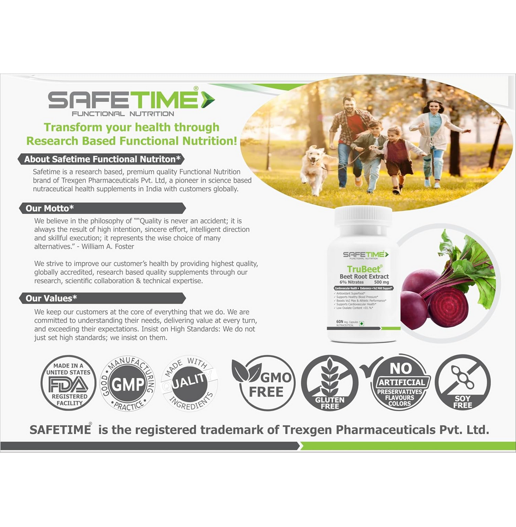 SAFETIME TRUBEET BEET ROOT 6% NITRATES Cardiovascular Health, VO2 MAX, Sports Perforamance & Endurance (60 Veg Capsules) (Pack of 1)