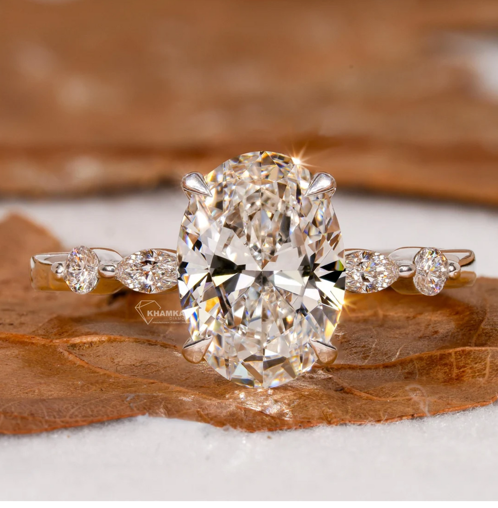 2.00Ct Oval Cut Lab Grown Diamond Engagement Ring,Side Marquise and Round Diamonds,Wedding Ring For Her,5 Stone Ring,Anniversary Ring
