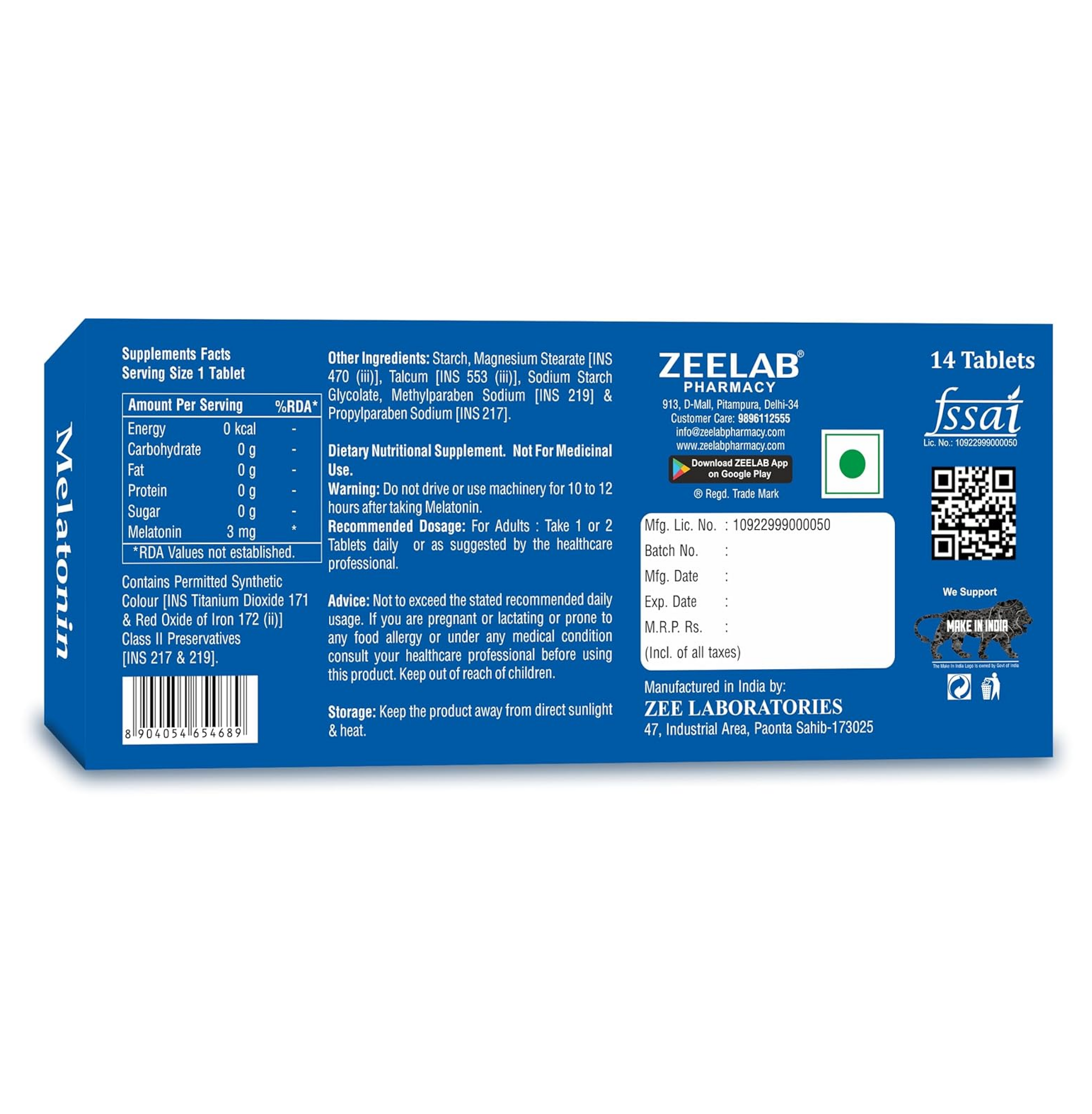 Zeelab Melatonin 3mg Sleeping Tablet | Sleeping Pills for Deep and Stress Relief Sleep