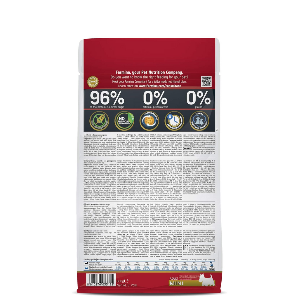 Farmina N&D Pumpkin Adult Mini Dog Food | Chicken, Pomegranate & Pumpkin | Rich in Anti-oxidants | Complete Food for Adult Dogs | 0.8kg | No Artificial Preservatives