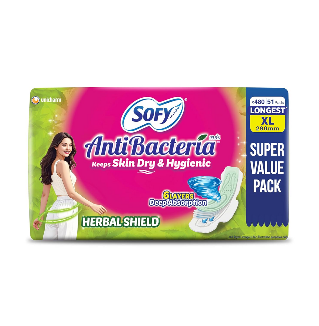 Sofy AntiBacteria XL - 290mm | 51 Count pads | For Women Sanitary Pads | Keep Skin Dry | 6 Layer Deep Absorption | Herbal Shield | Hygiene & Herbs | X-Large