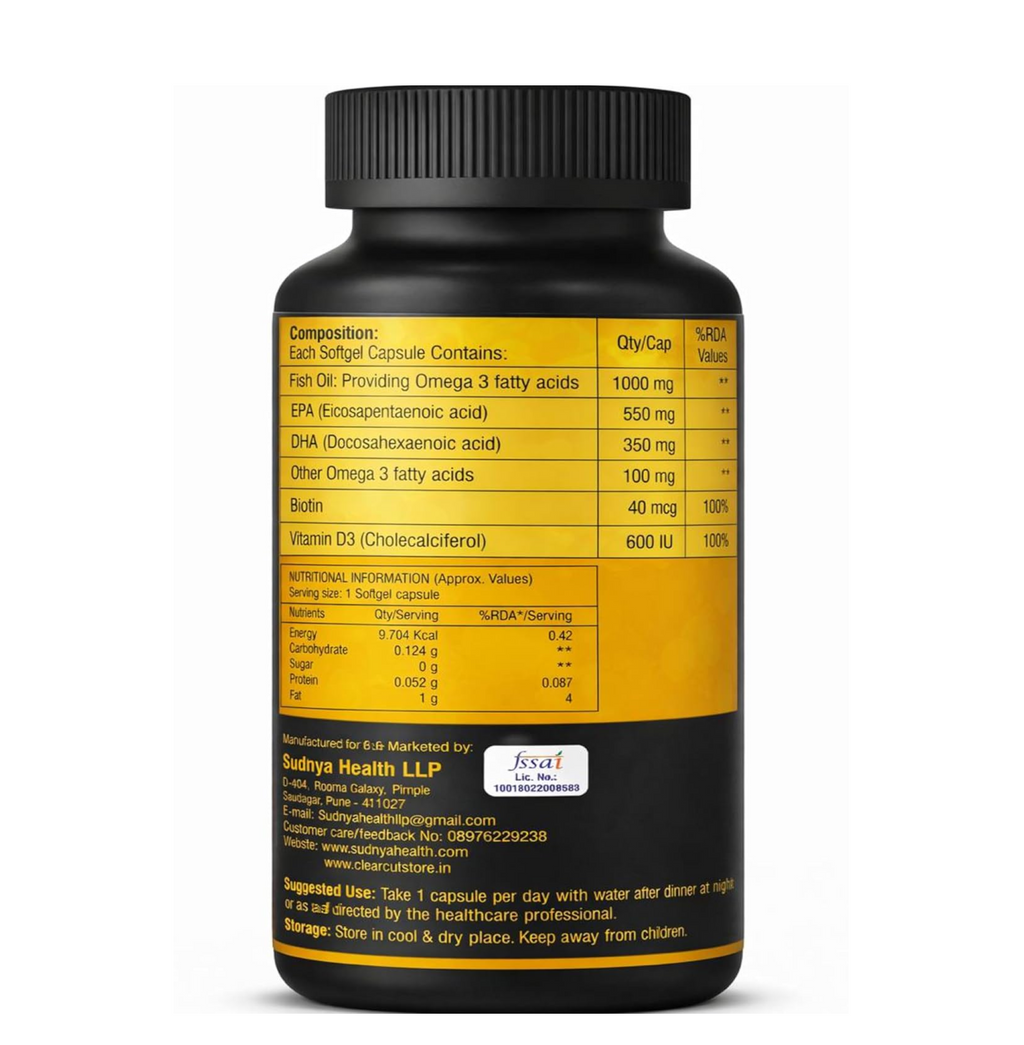 ClearCut Triple strength Omega 3 fish oil capsules | Biotin| Vitamin D3 for men women Heart Hair Skin