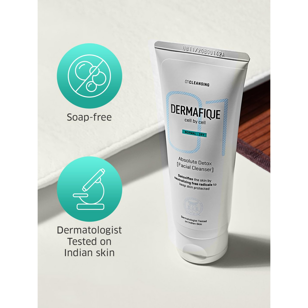 Dermafique Absolute Detox Facial Cleanser â€“ 100ml, with Bio-Active Cellulose Beads, Face Wash Enriched with Vitamin E & Pomegranate Extracts | Soap, Paraben & Alcohol Free | Dermatologist Tested Face Cleanser