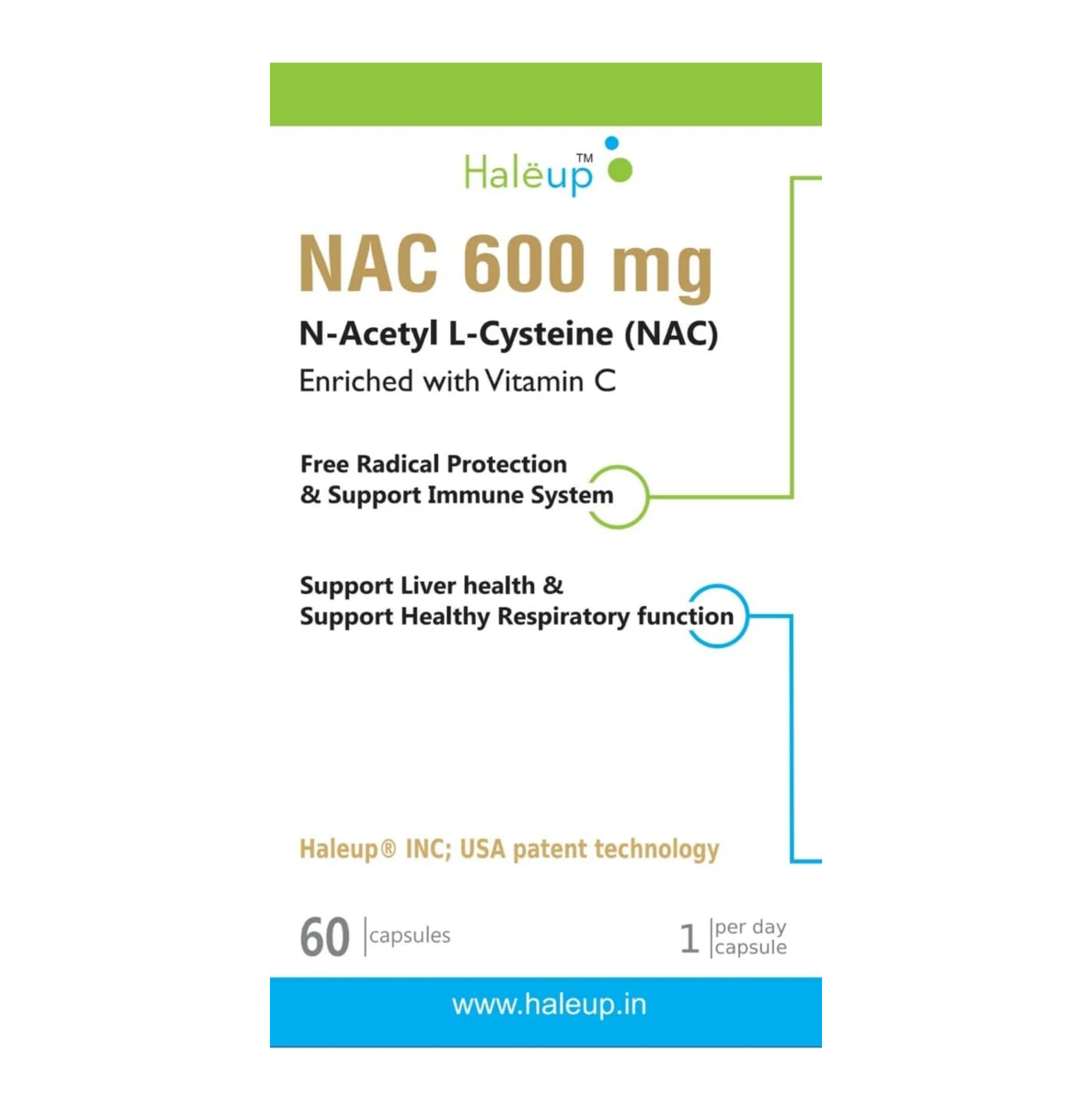 Haleup USA NAC 600 mg, Enriched with Vitamin C,60 capsules