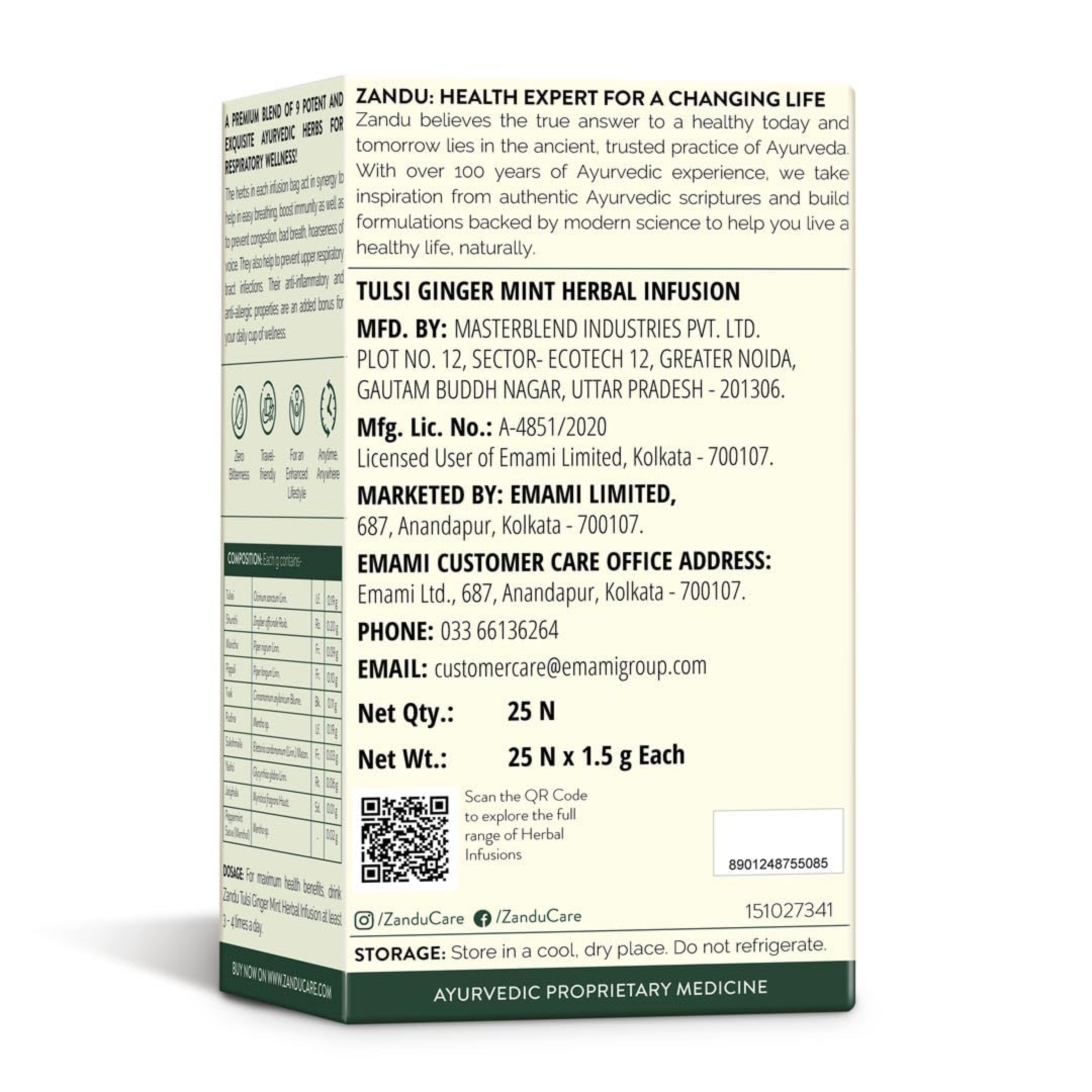 Zandu Tulsi Ginger Mint Herbal Infusion, a Herbal Tea Enriched with Ayurvedic Ingredients (25 Tea Bags)