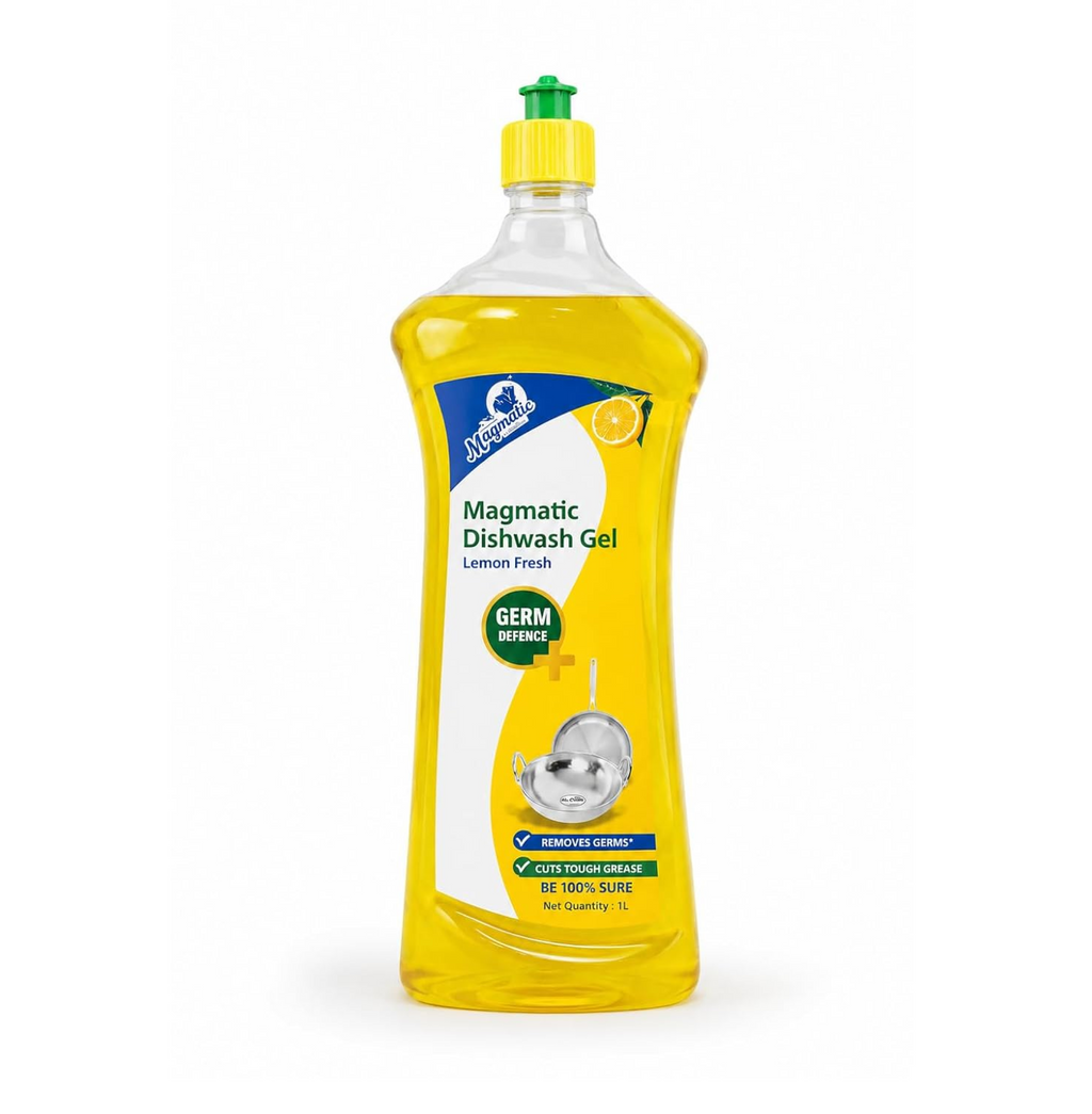 Magmatic Dishwash Liquid Gel | Lemon Fresh – Tough Grease & Oil Remover | Germ Protection Formula | Kitchen Utensil Cleaner | 1L