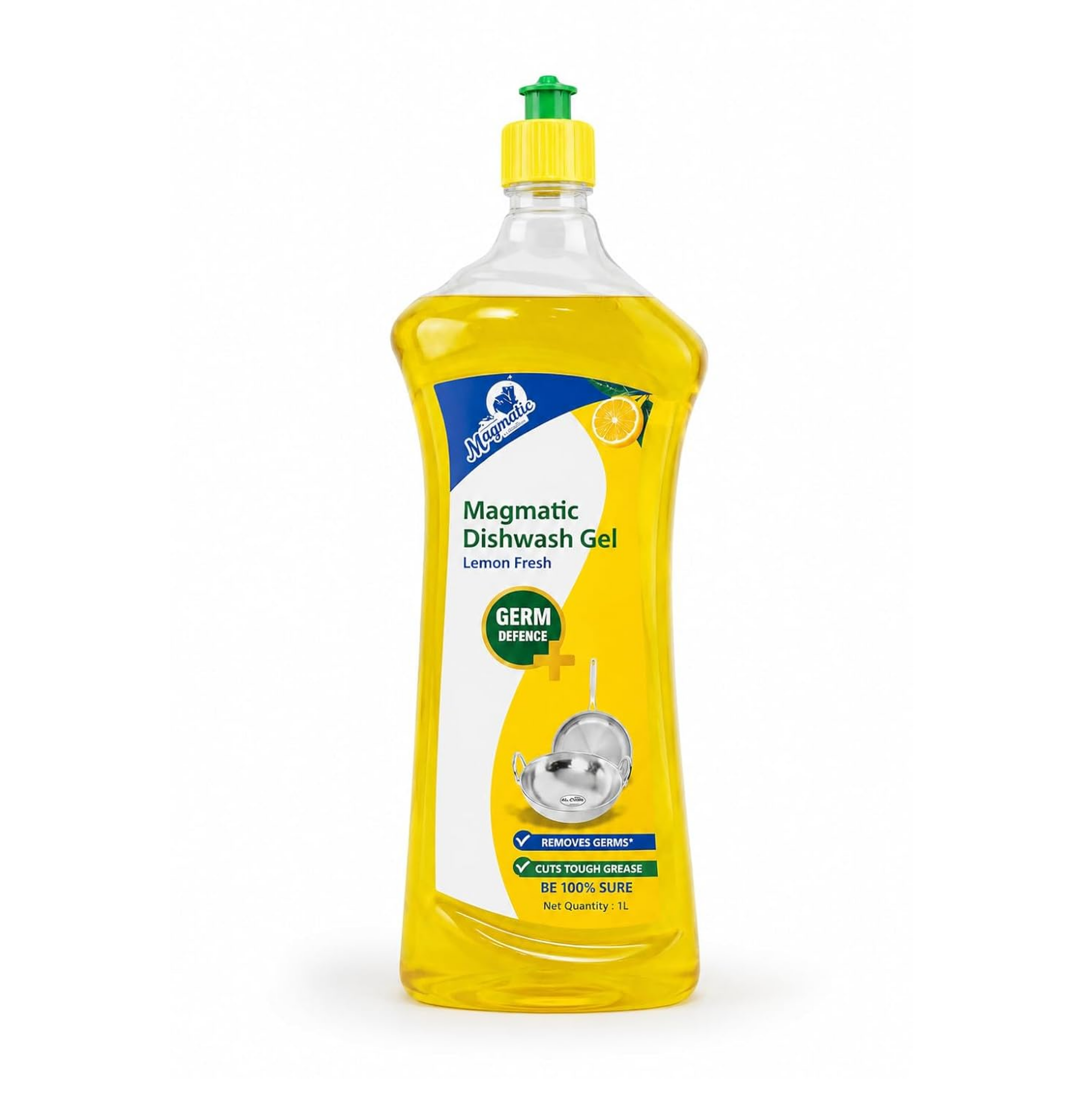 Magmatic Dishwash Liquid Gel | Lemon Fresh – Tough Grease & Oil Remover | Germ Protection Formula | Kitchen Utensil Cleaner | 1L