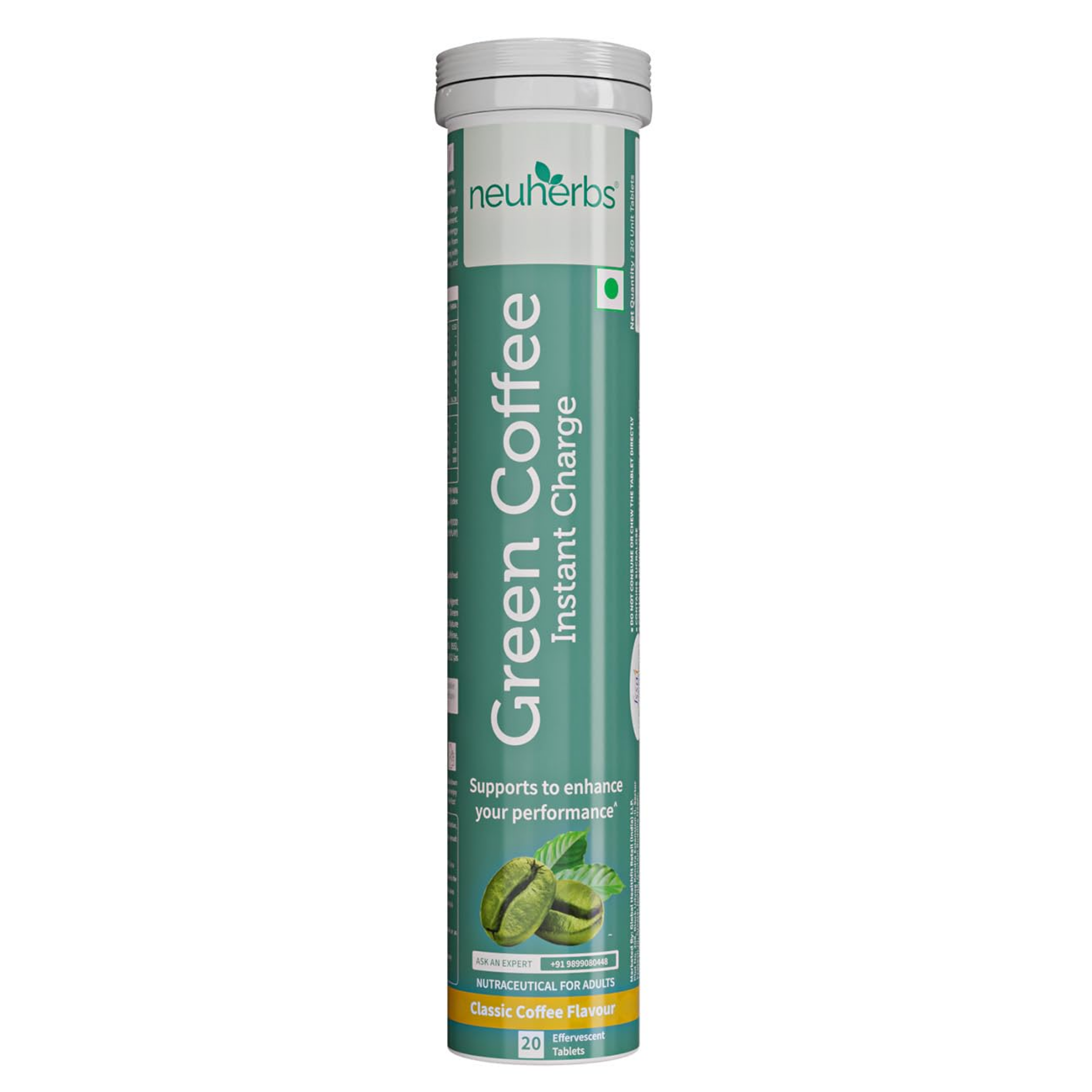 Neuherbs Plant Based Green Coffee Instant Charge in Classic Coffee Flavour 20 effervescent tablets | Boost Metabolism | Natural Caffeine