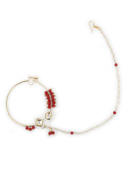 Gold-Polished White Red Stone-Studded Pearl Beaded Nosepin - Ruby Raang