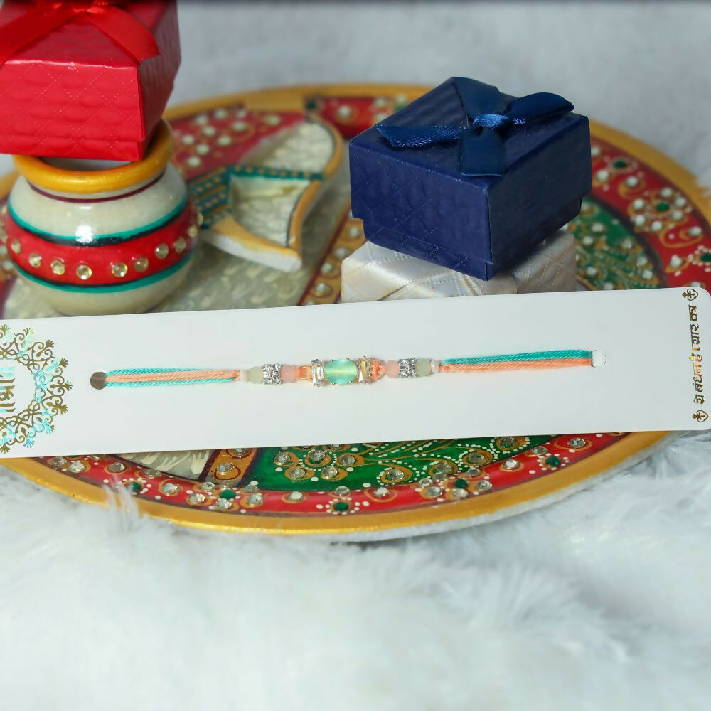 Indianvibez Ad Pink/Green Stone Pendant Design Rakhi