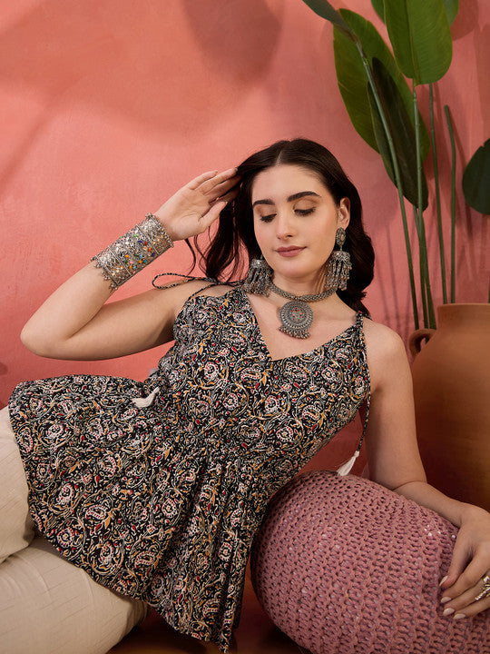 Sangria Floral Printed Pure Cotton Sleeveless Peplum Top
