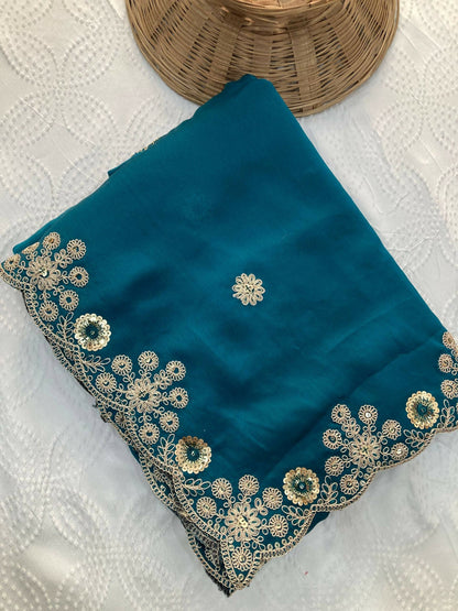 Teeya Creation New Trendy Party Wear Soft Satin Chiffon Saree-Teal