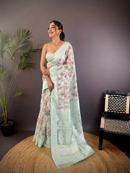 Joban Fashion Sky Blue Floral Motifs Banarasi Silk Sarees